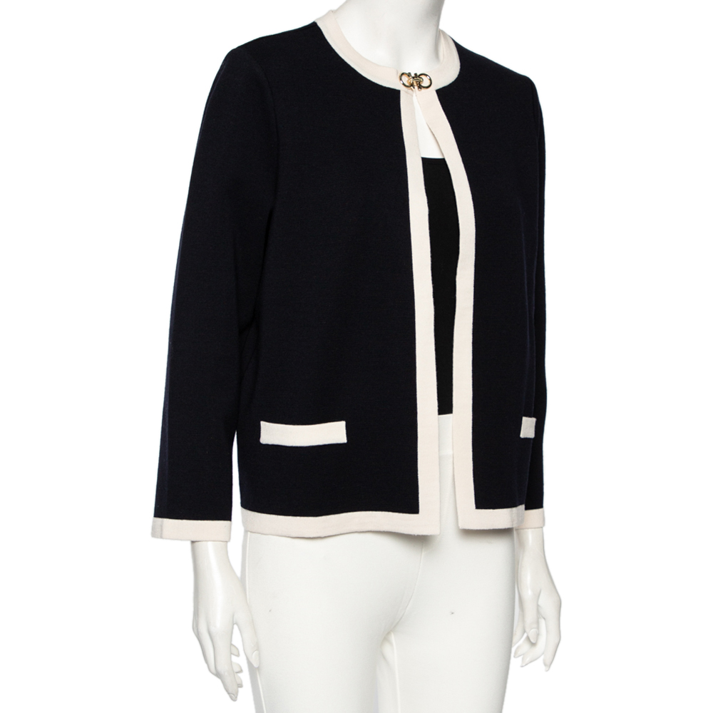 

Salvatore Ferragamo Midnight Blue Knit Gancini Buckled Collar Detail Jacket