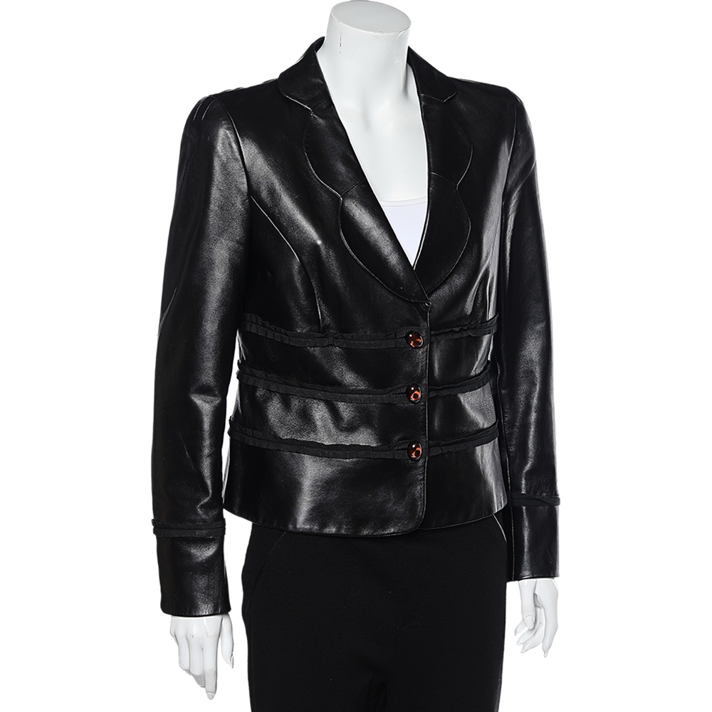 

Salvatore Ferragamo Black Leather Trim Detail Button Front Blazer Jacket