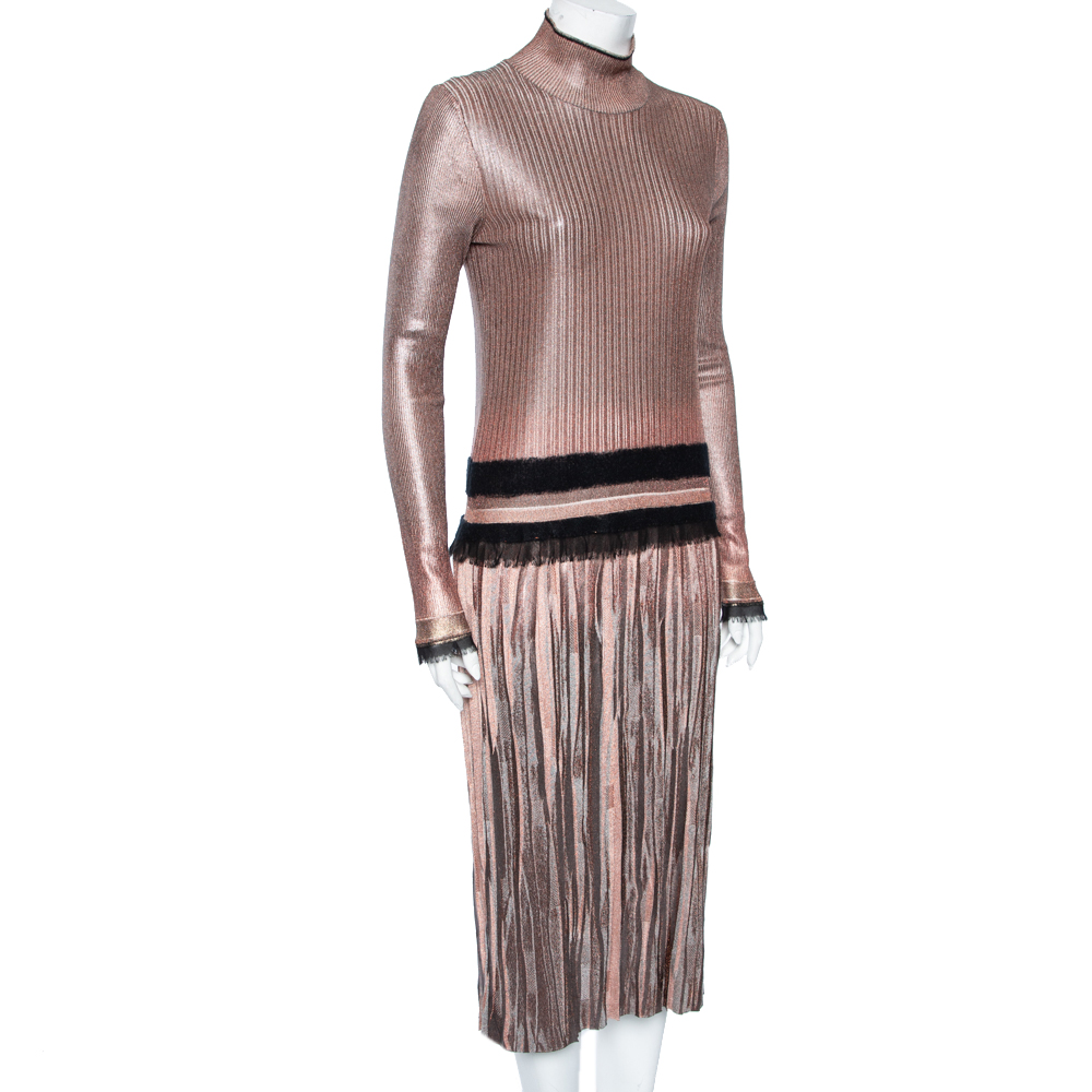 Salvatore Ferragamo Rose Gold Lurex Knit & Coated Long Sleeve Pleated Dress, Metallic