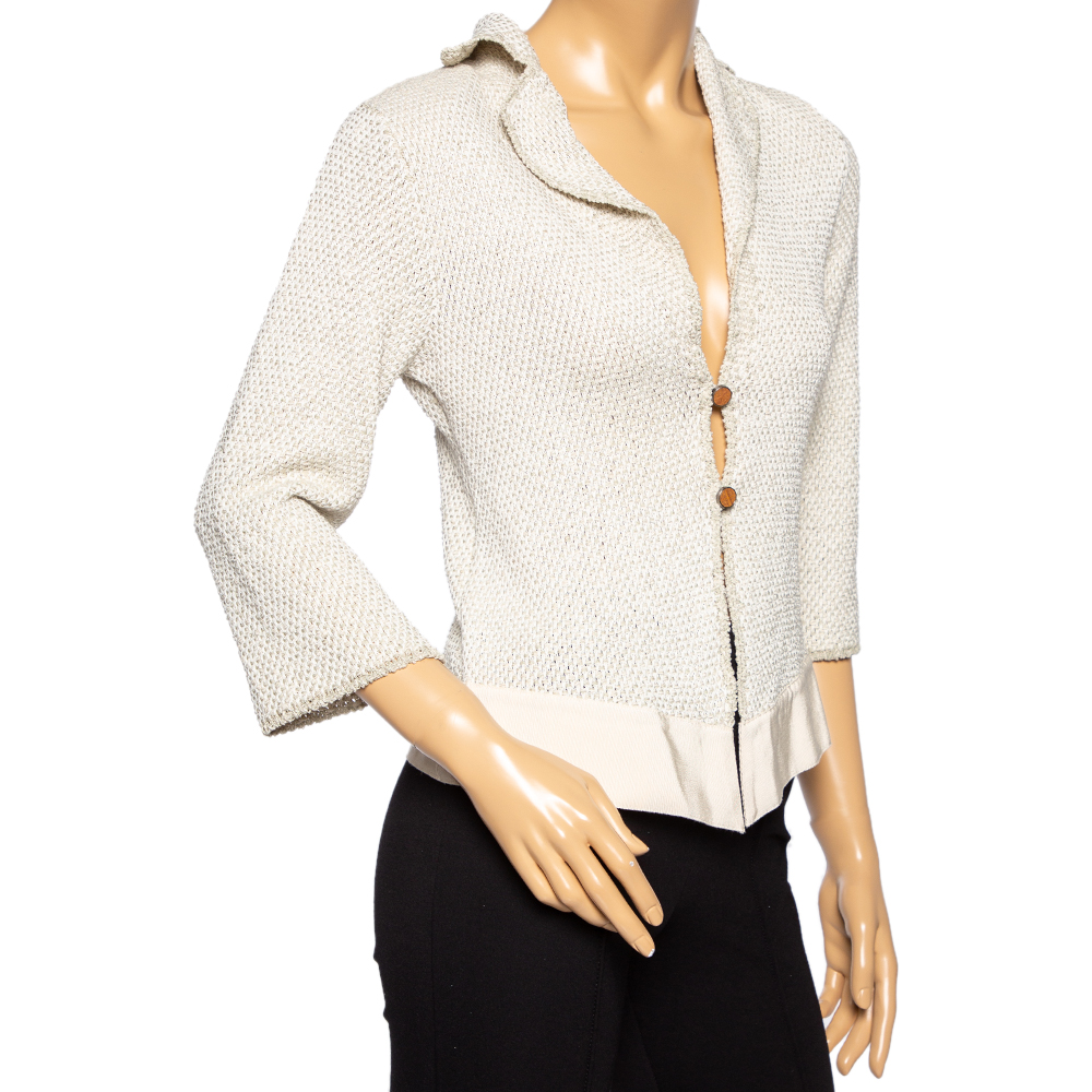 

Salvatore Ferragamo Cream Perforated Knit Button Front Cardigan