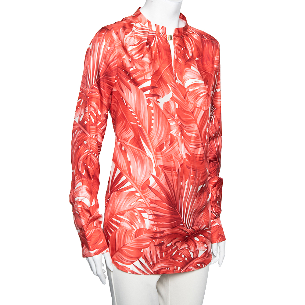 

Salvatore Ferragamo Red Leaf Printed Silk Long Sleeve Blouse