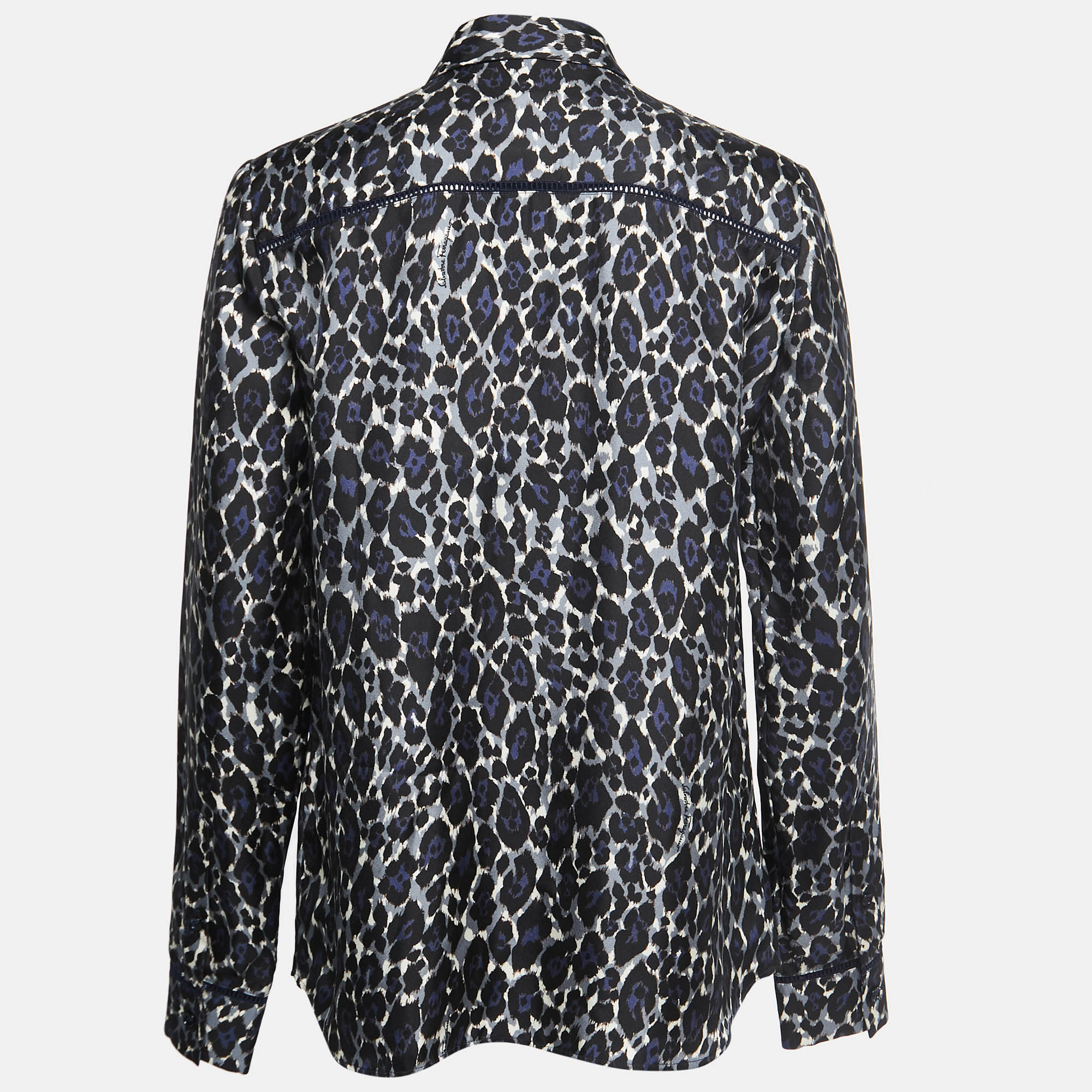 

Salvatore Ferragamo Black/Navy Blue Print Satin Silk Button Front Full Sleeve Shirt