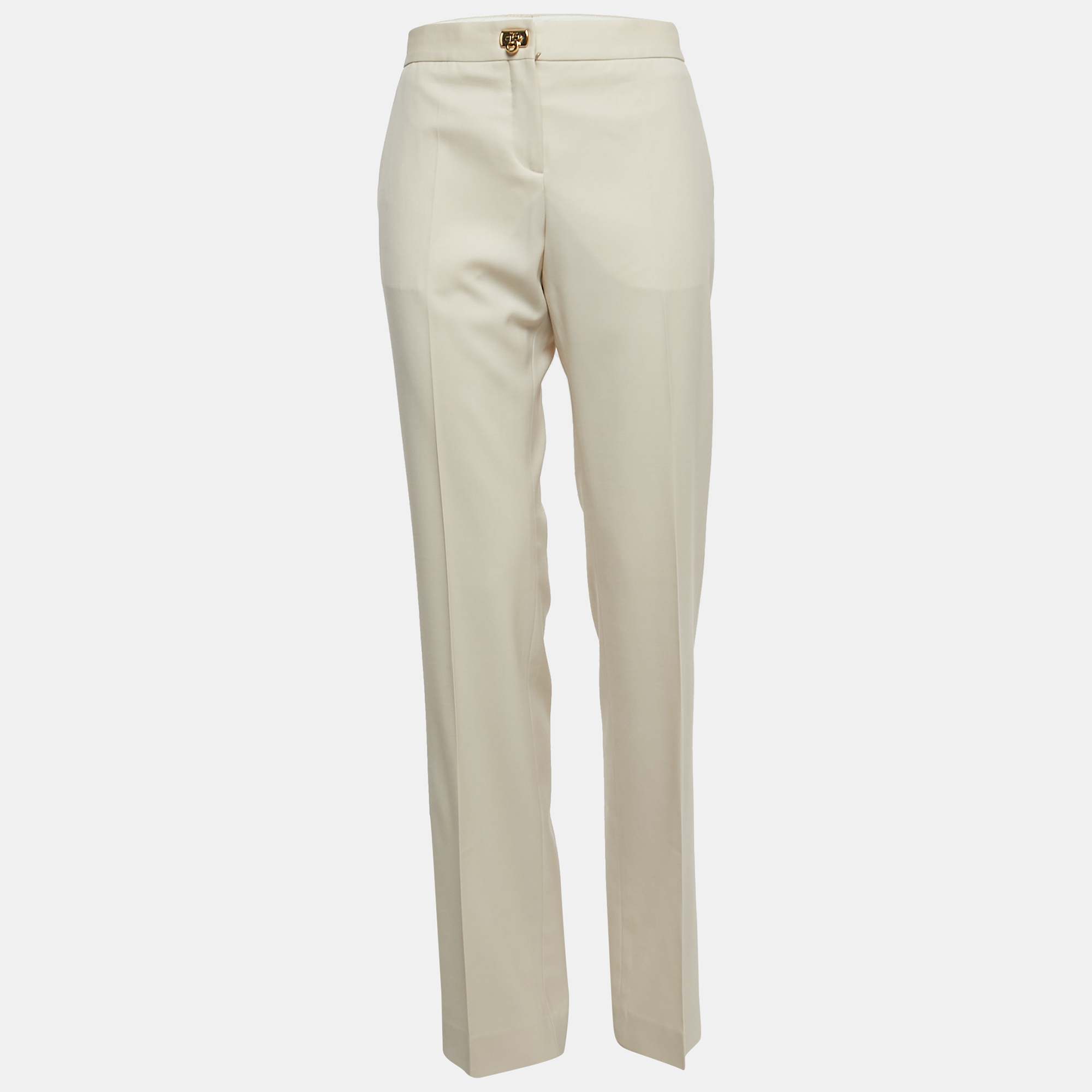 Pre Owned Salvatore Ferragamo Off White Wool Buckle Detail Trousers M