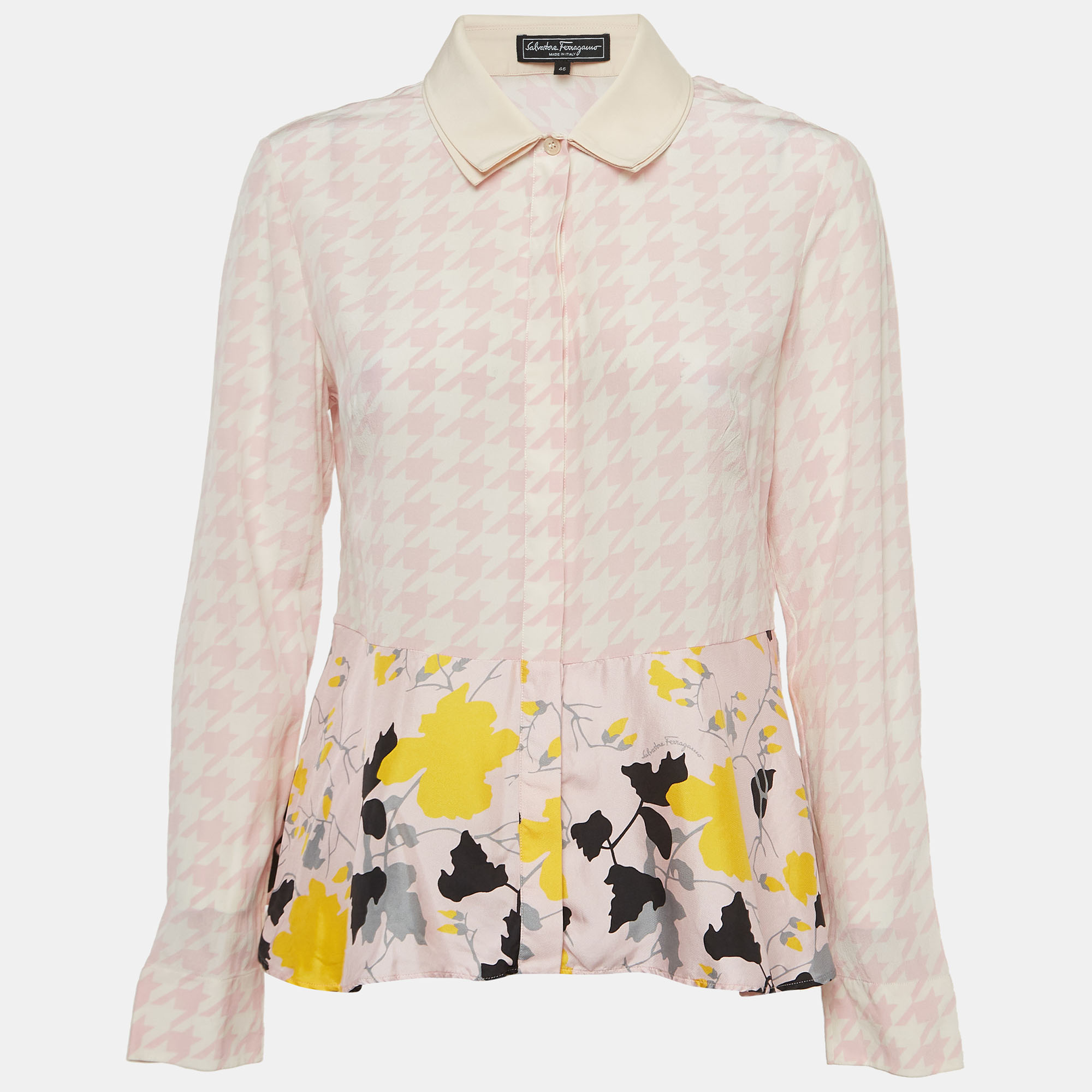 Pre-owned Ferragamo Pink Print Silk Peplum Shirt Blouse L