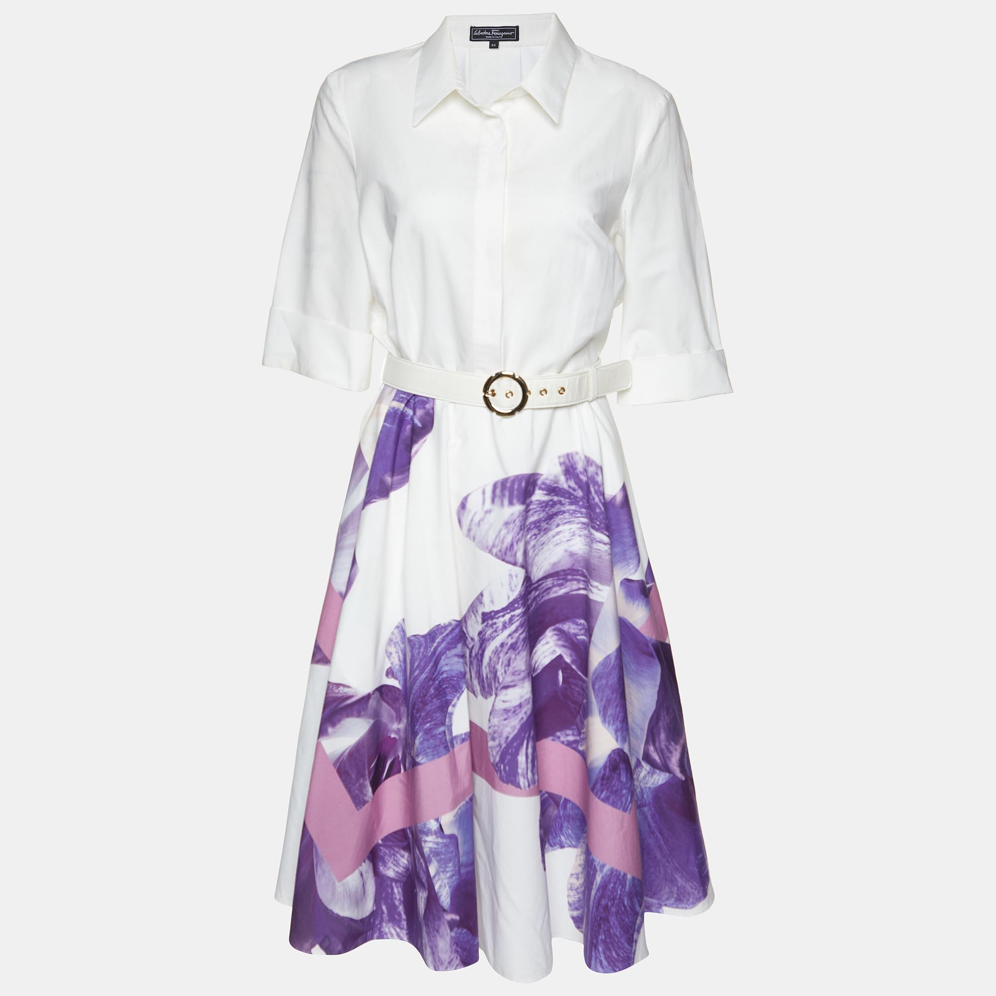 

Salvatore Ferragamo Purple/White Printed Cotton Belted Midi Dress M