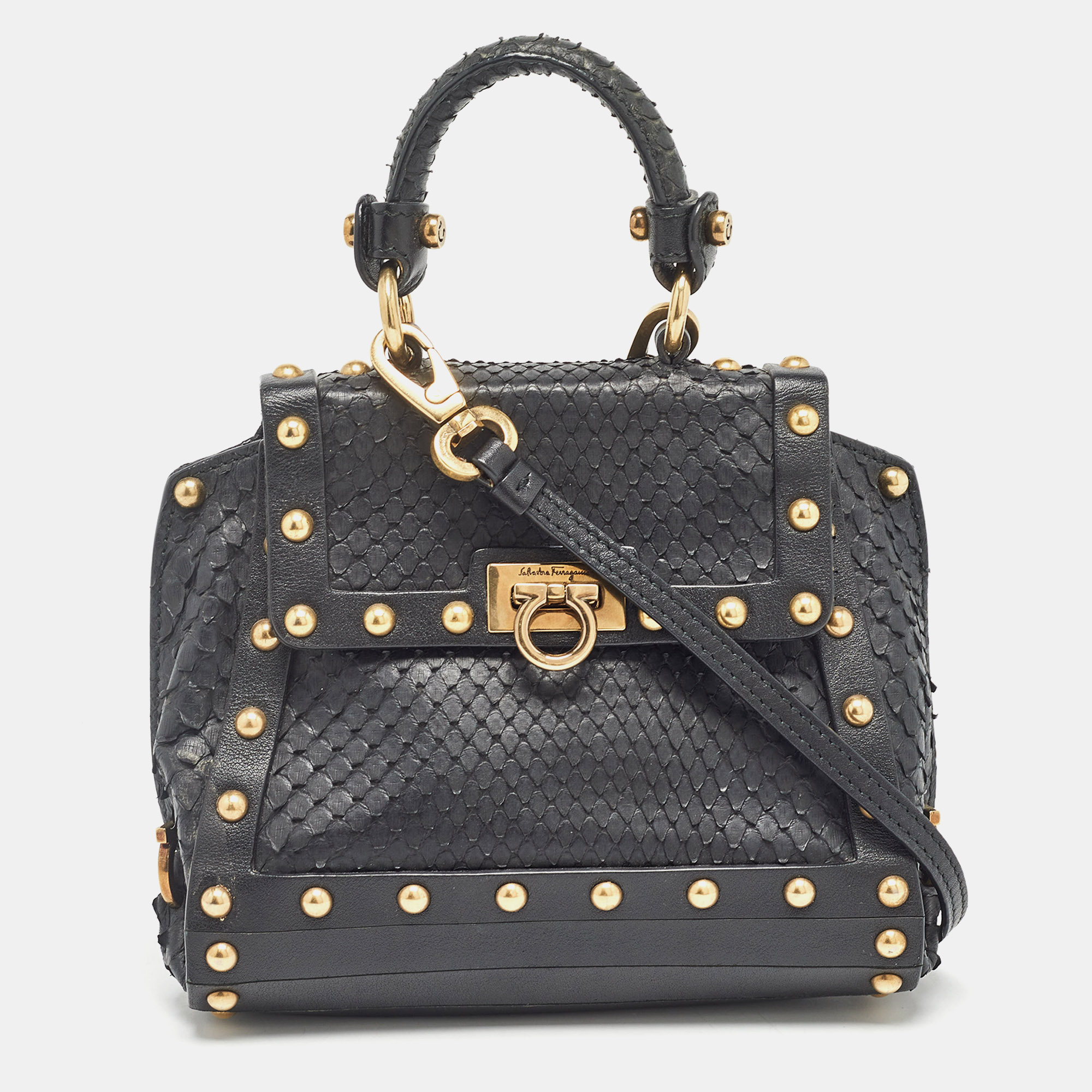 

Salvatore Ferragamo Black Python Mini Studded Sofia Top Handle Bag
