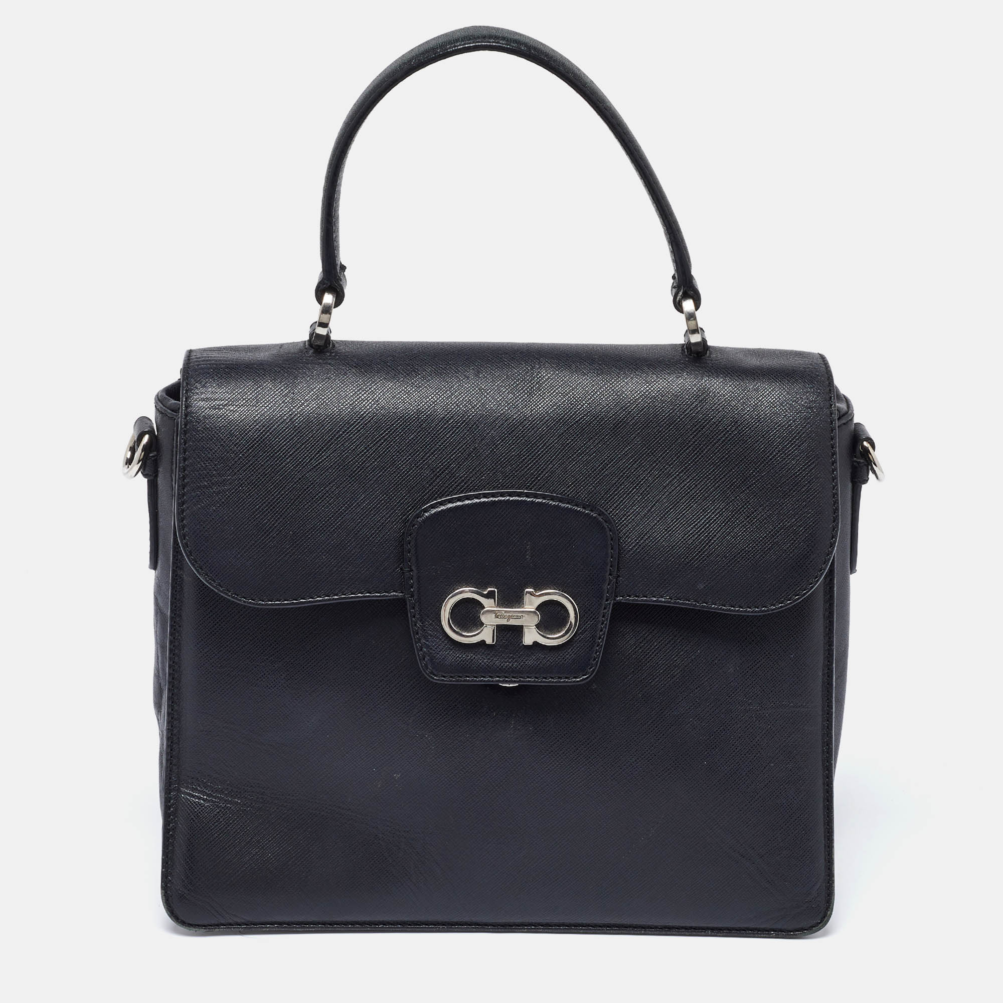 

Salvatore Ferragamo Black Leather Katia Top Handle Bag
