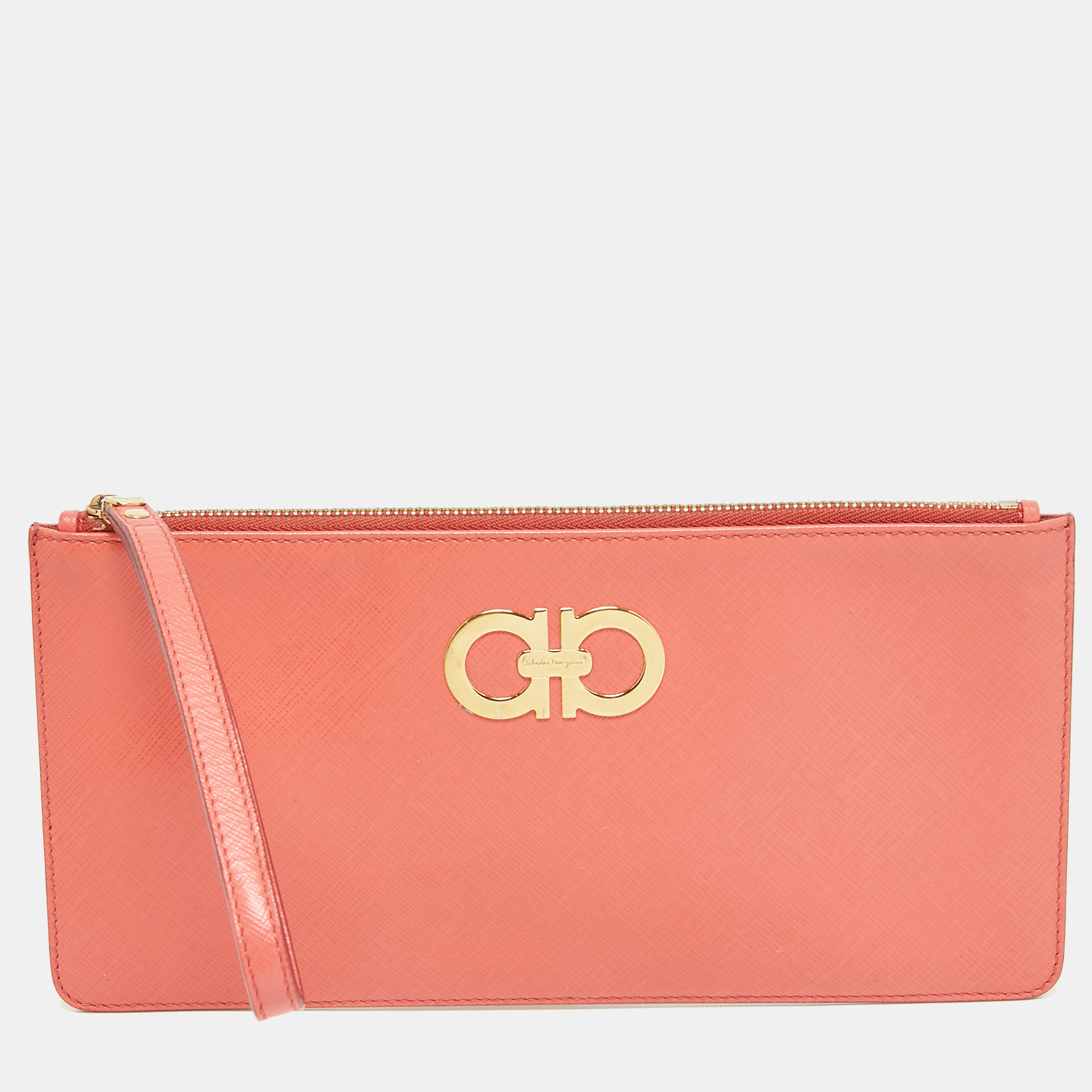 

Salvatore Ferragamo Orange Leather Gancini Wristlet Clutch