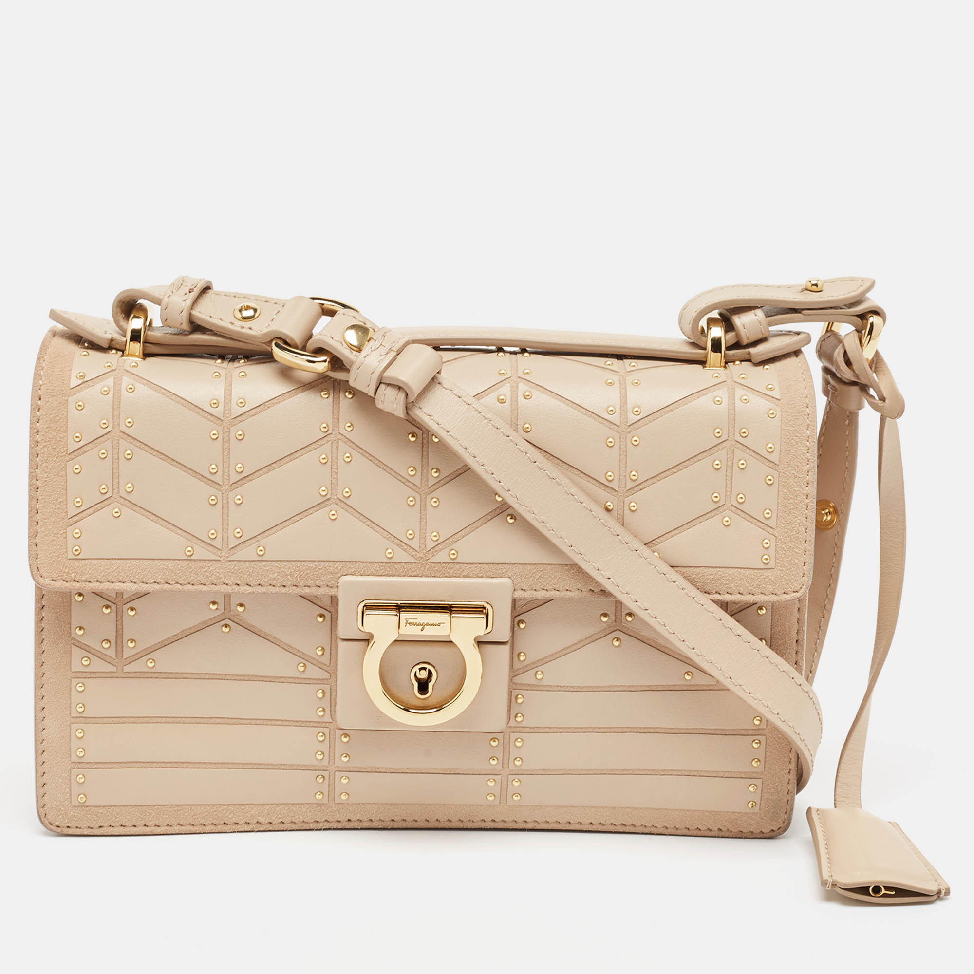 

Salvatore Ferragamo Beige Leather and Suede Mini Studded Aileen Shoulder Bag