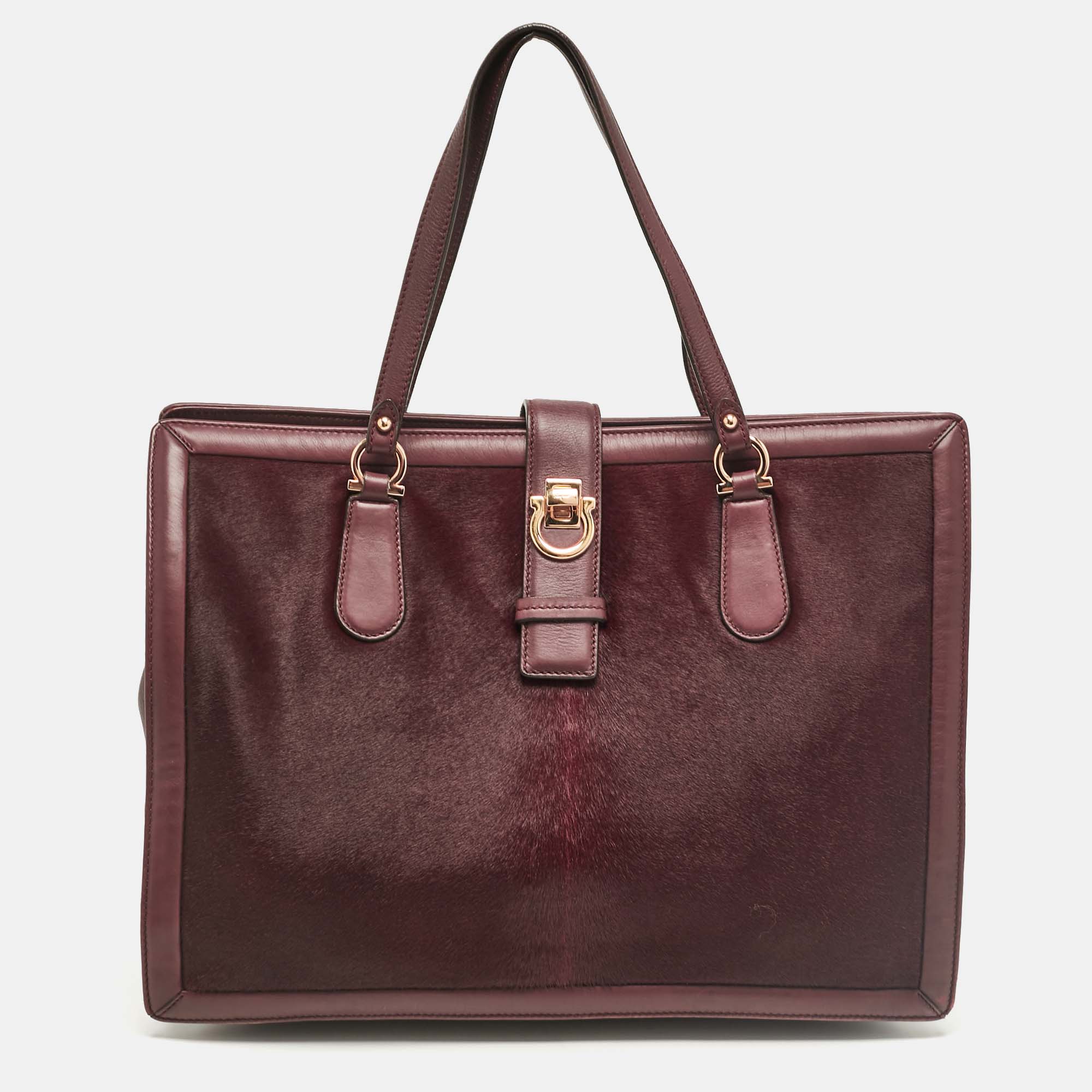 

Salvatore Ferragamo Burgundy Calfhair and Leather Gancini Flap Tote