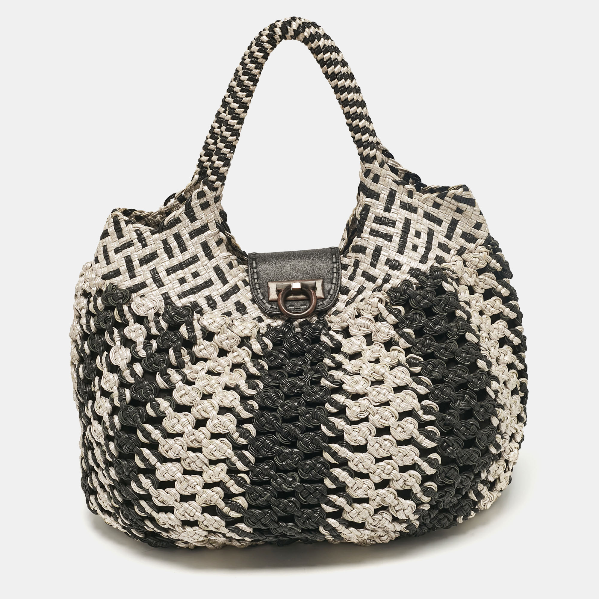 Pre-owned Ferragamo Silver/black Crochet Leather Oversized Bag