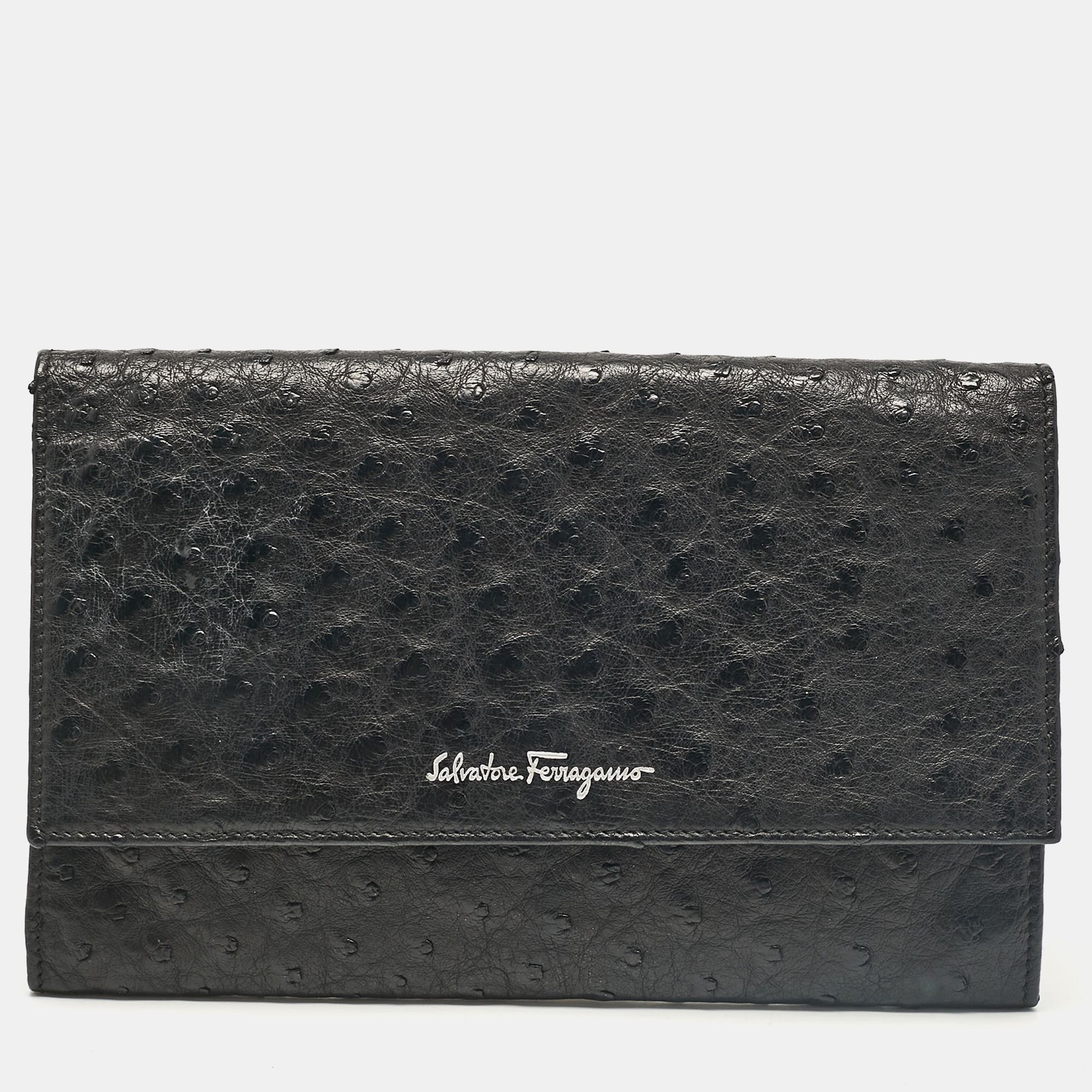 Pre-owned Ferragamo Black Ostrich Leather Flap Slim Clutch