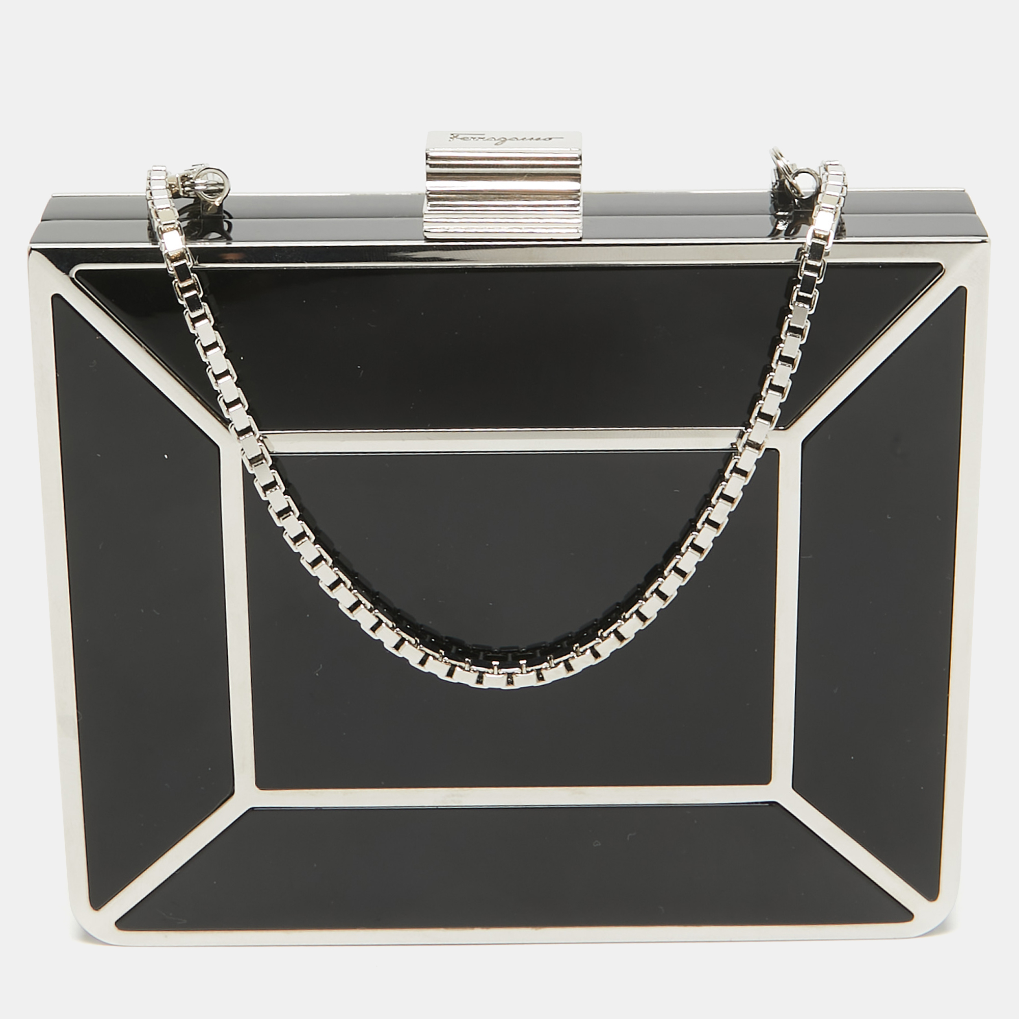 

Salvatore Ferragamo Black Metal Plexiglass Dolly Box Clutch