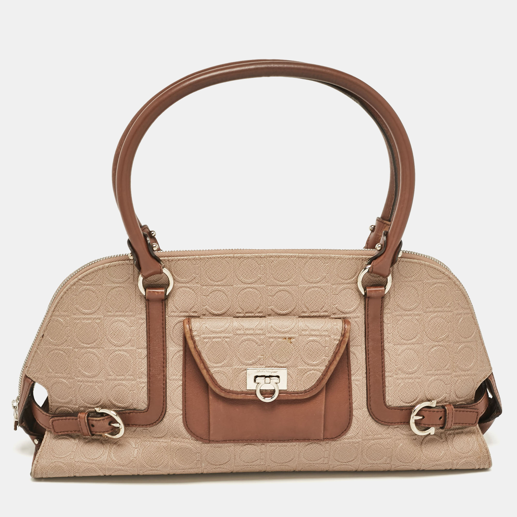 

Salvatore Ferragamo Beige/Brown Gancini Embossed Leather Zip Satchel