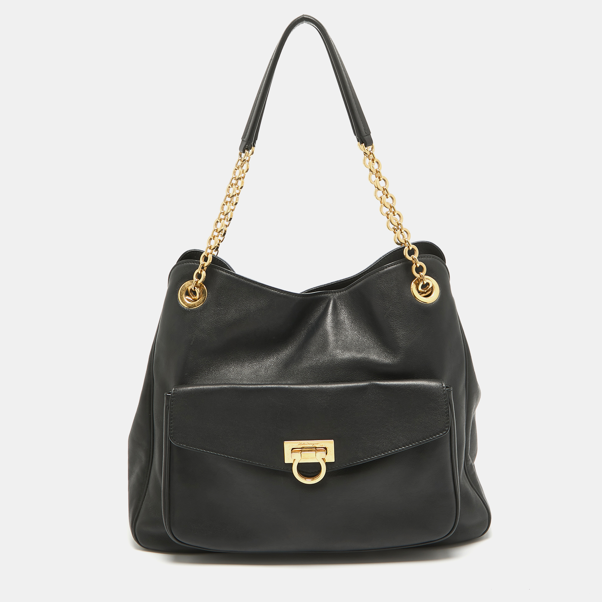 

Salvatore Ferragamo Black Leather Sheba Chain Tote