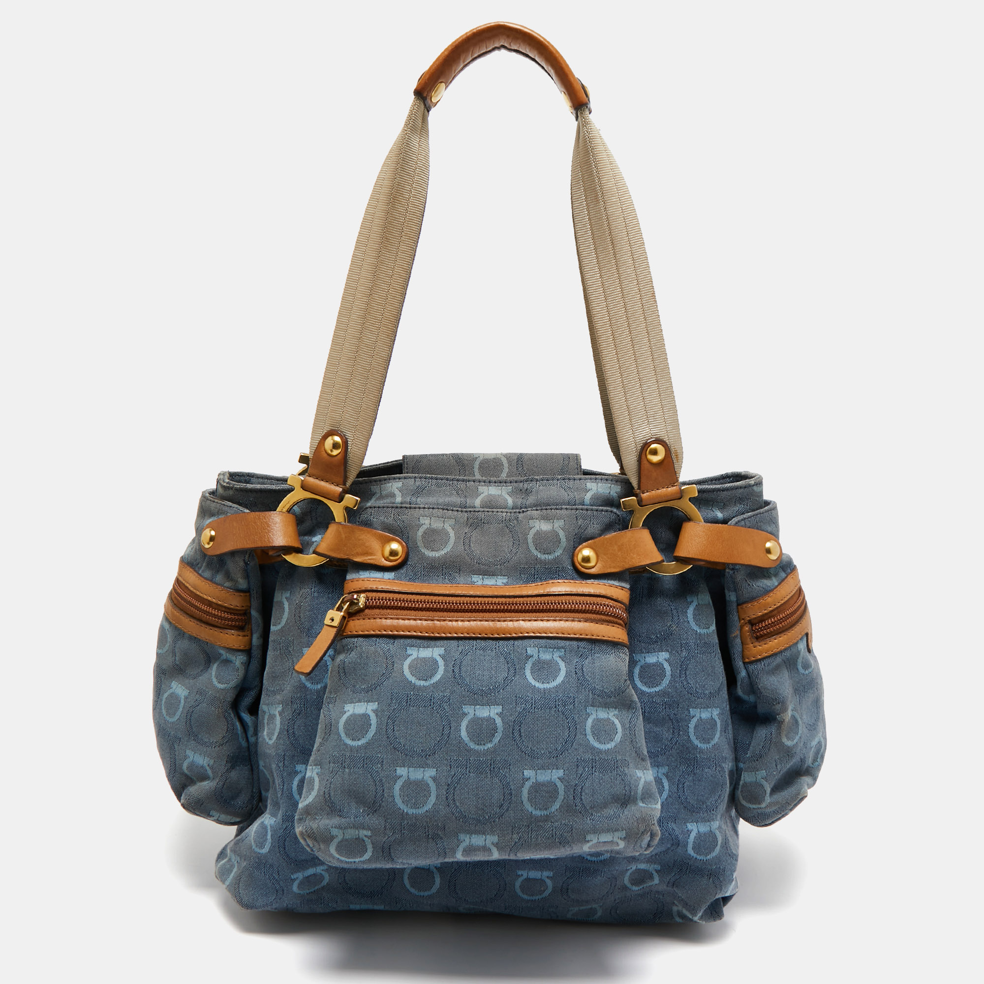 

Salvatore Ferragamo Blue Gancini Print Denim and Leather Multiple Pocket Shoulder Bag