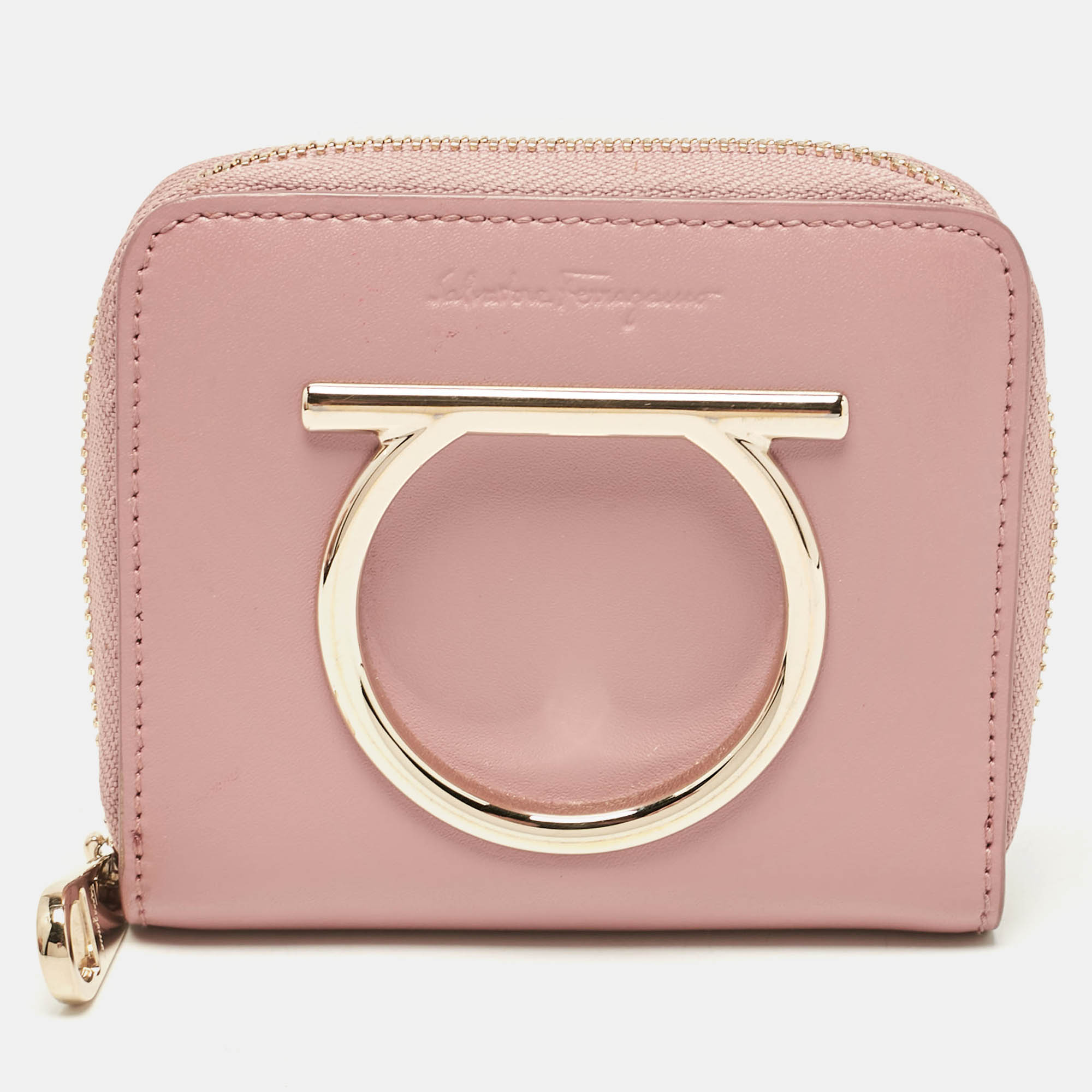 

Salvatore Ferragamo Pink Leather Gancio Zip Compact Wallet