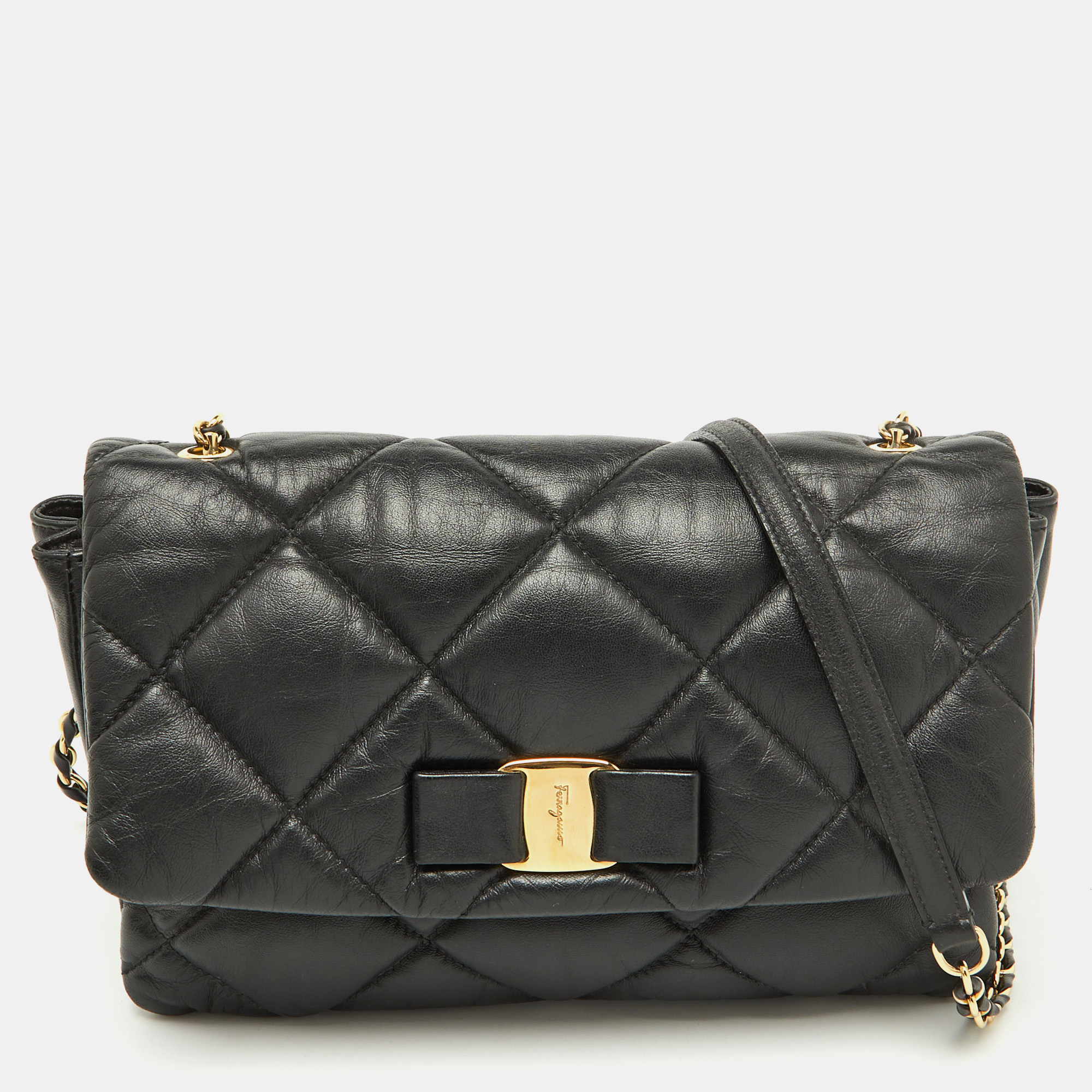 

Salvatore Ferragamo Black Quilted Leather Vara Bow Chain Shoulder Bag