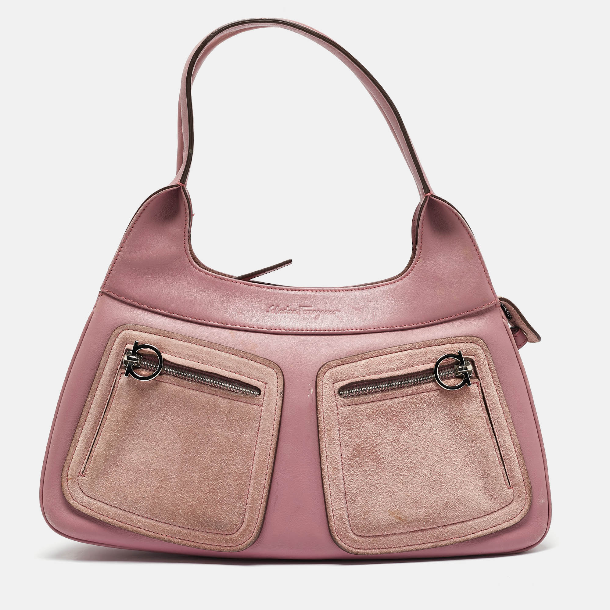 

Salvatore Ferragamo Pink Leather and Suede Gancini Pocket Shoulder Bag