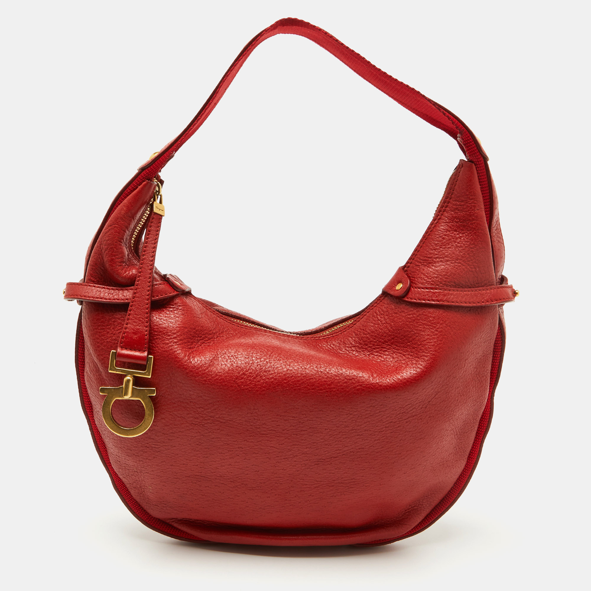 Pre-owned Ferragamo Bright Red Leather And Fabric Logo Hobo