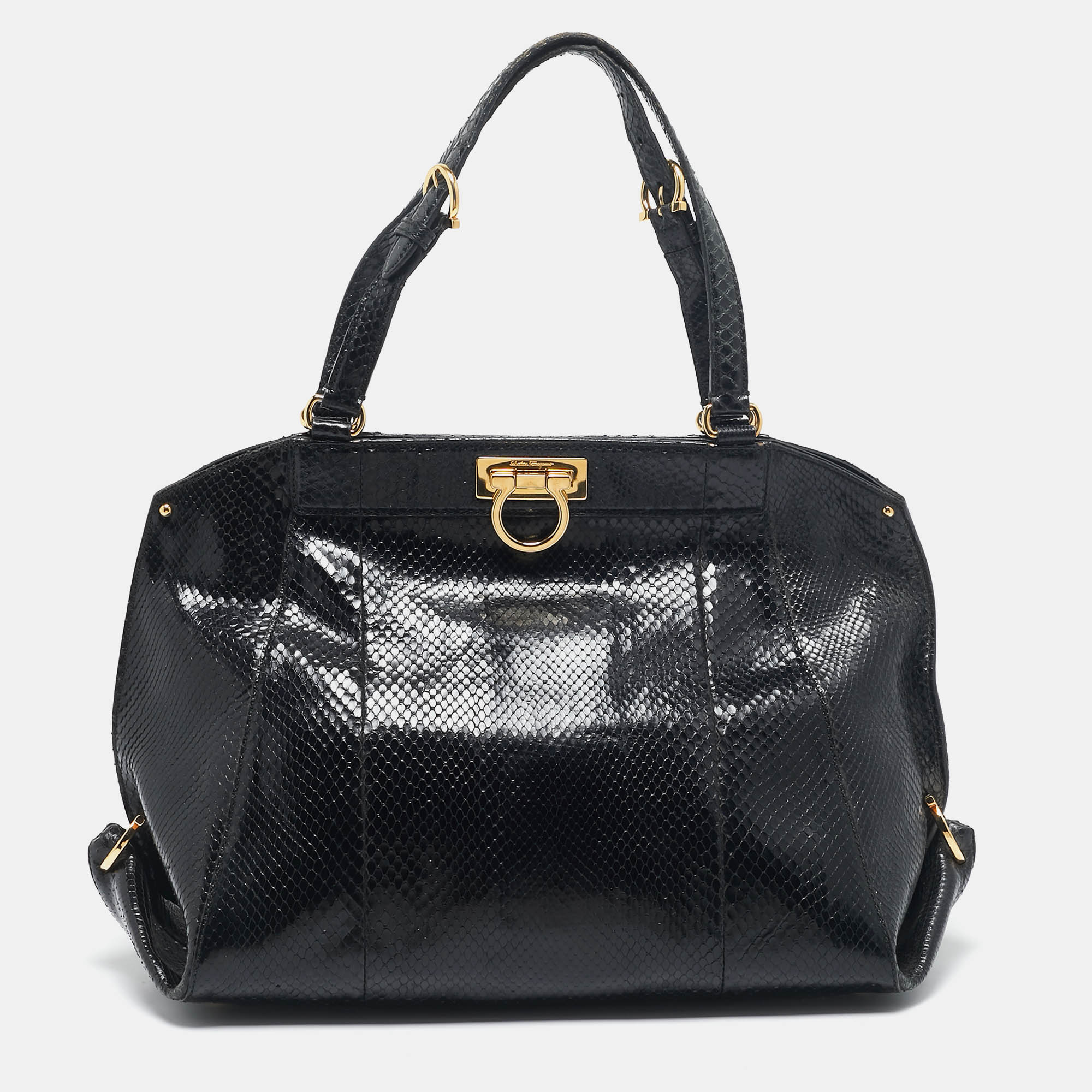 

Salvatore Ferragamo Black Python Gancio Satchel