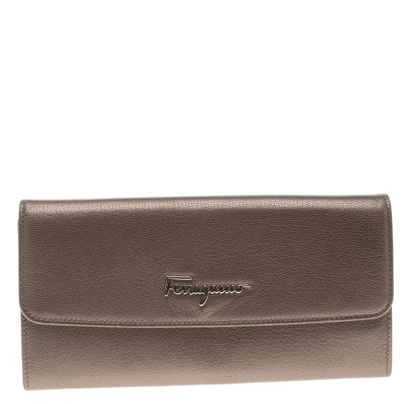 Pre Owned Salvatore Ferragamo Metallic Beige Leather Continental Wallet