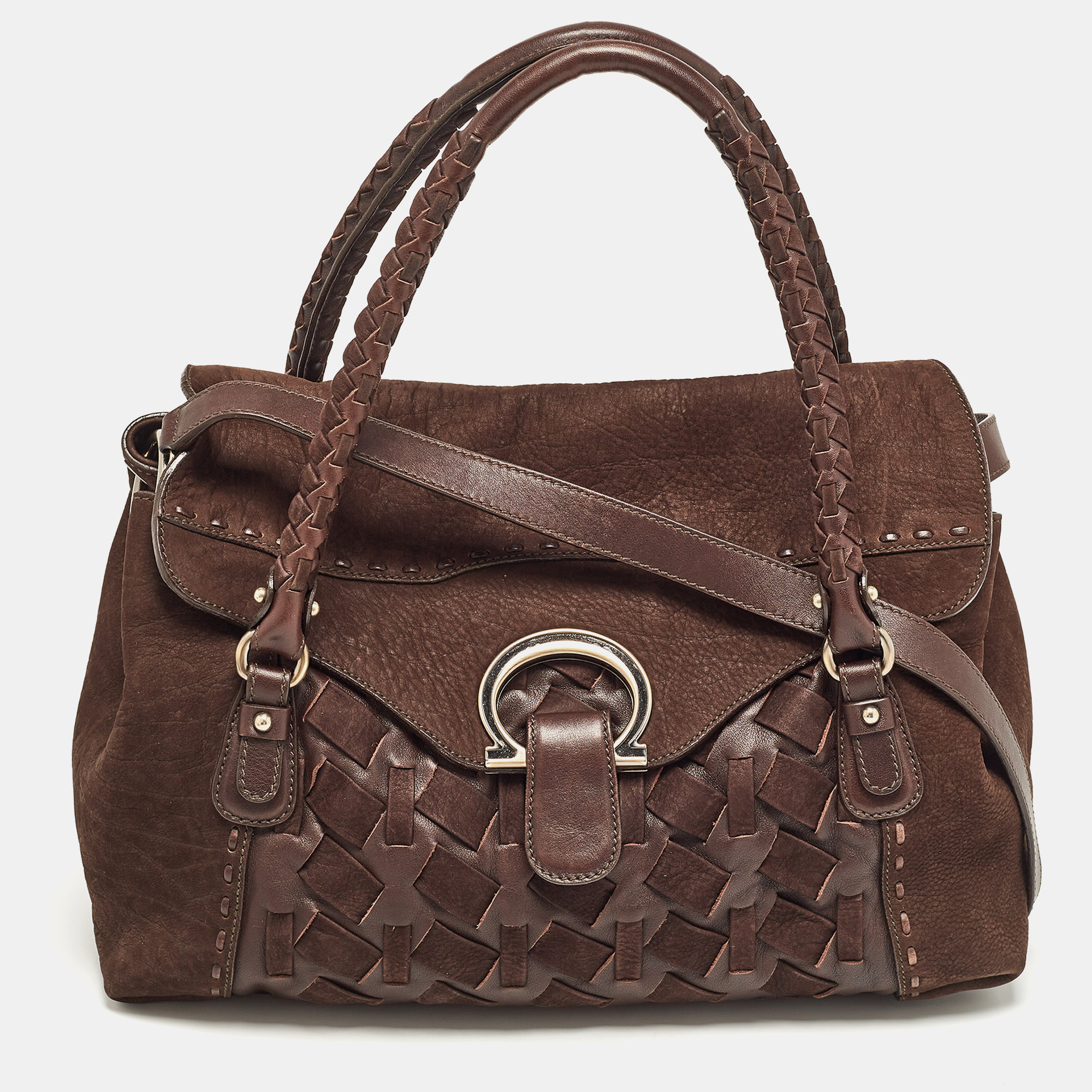 

Salvatore Ferragamo Dark Brown Nubuck and Leather Woven Gancini Flap Satchel