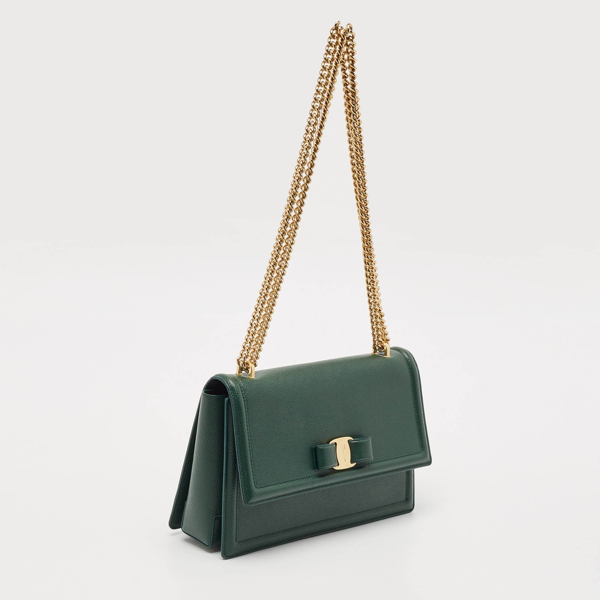 Salvatore Ferragamo Green Leather Ginny Shoulder Bag 