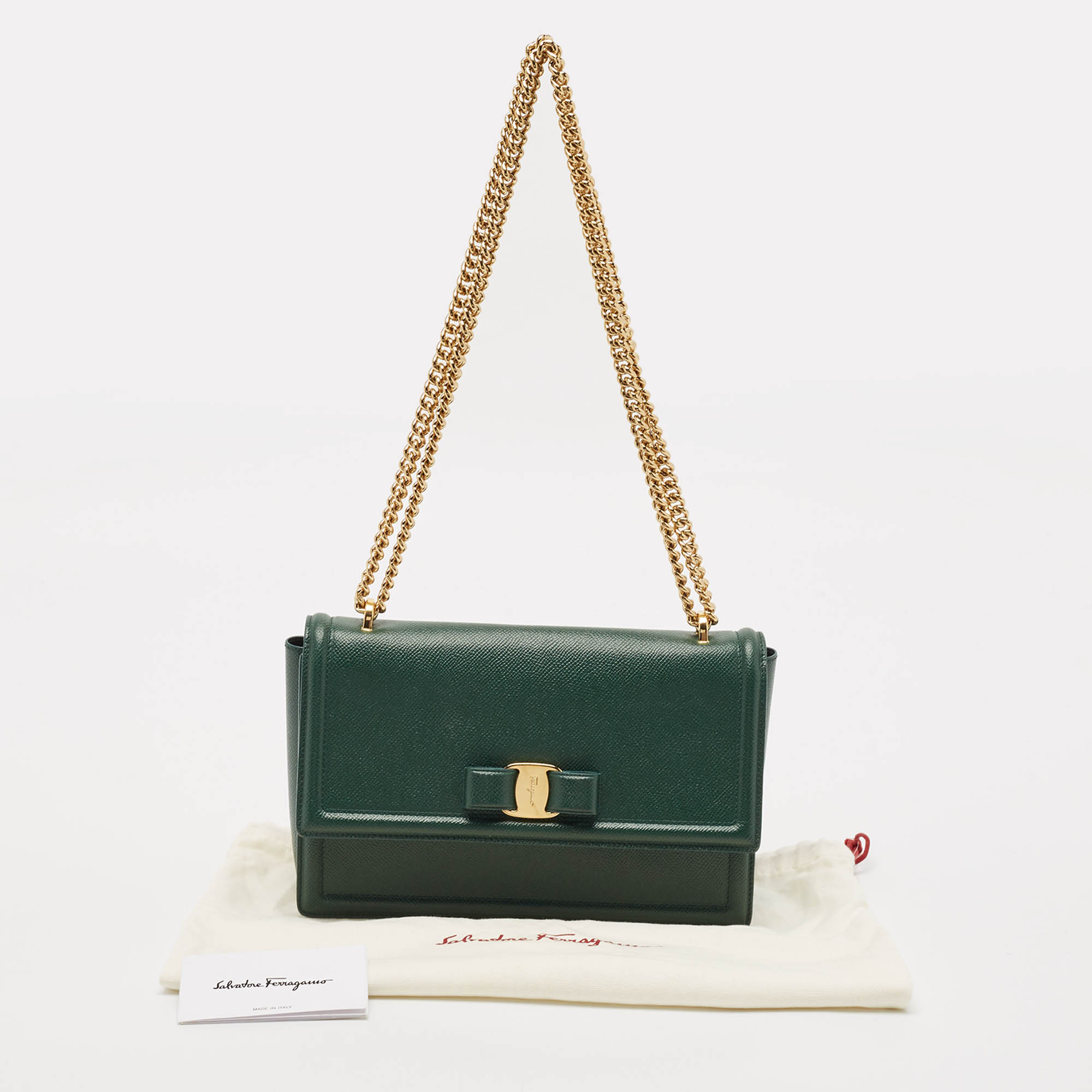 Salvatore Ferragamo Green Leather Ginny Shoulder Bag 