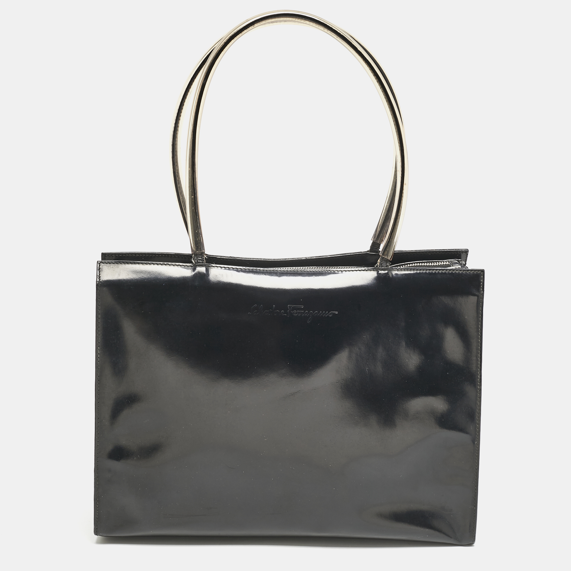 

Salvatore Ferragamo Black/Clear Patent Leather and PVC Satchel