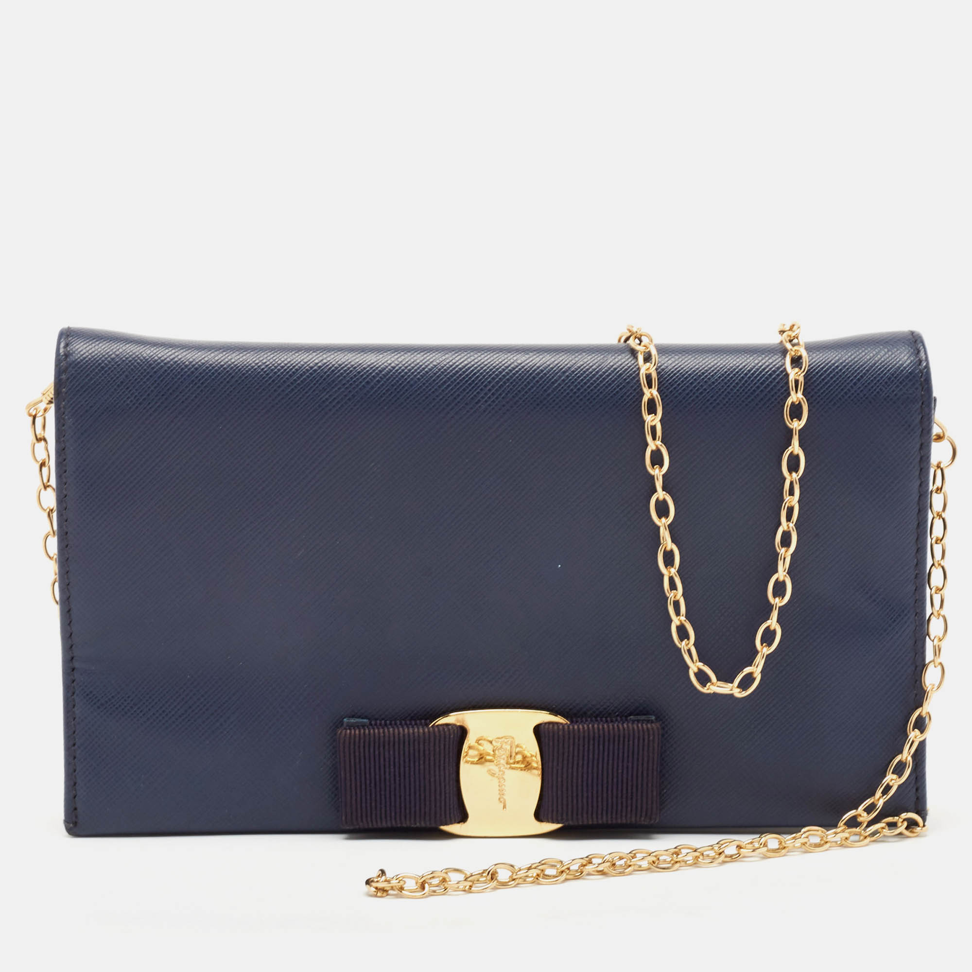 

Salvatore Ferragamo Navy Blue Leather Vara Bow Flap Wallet On Chain