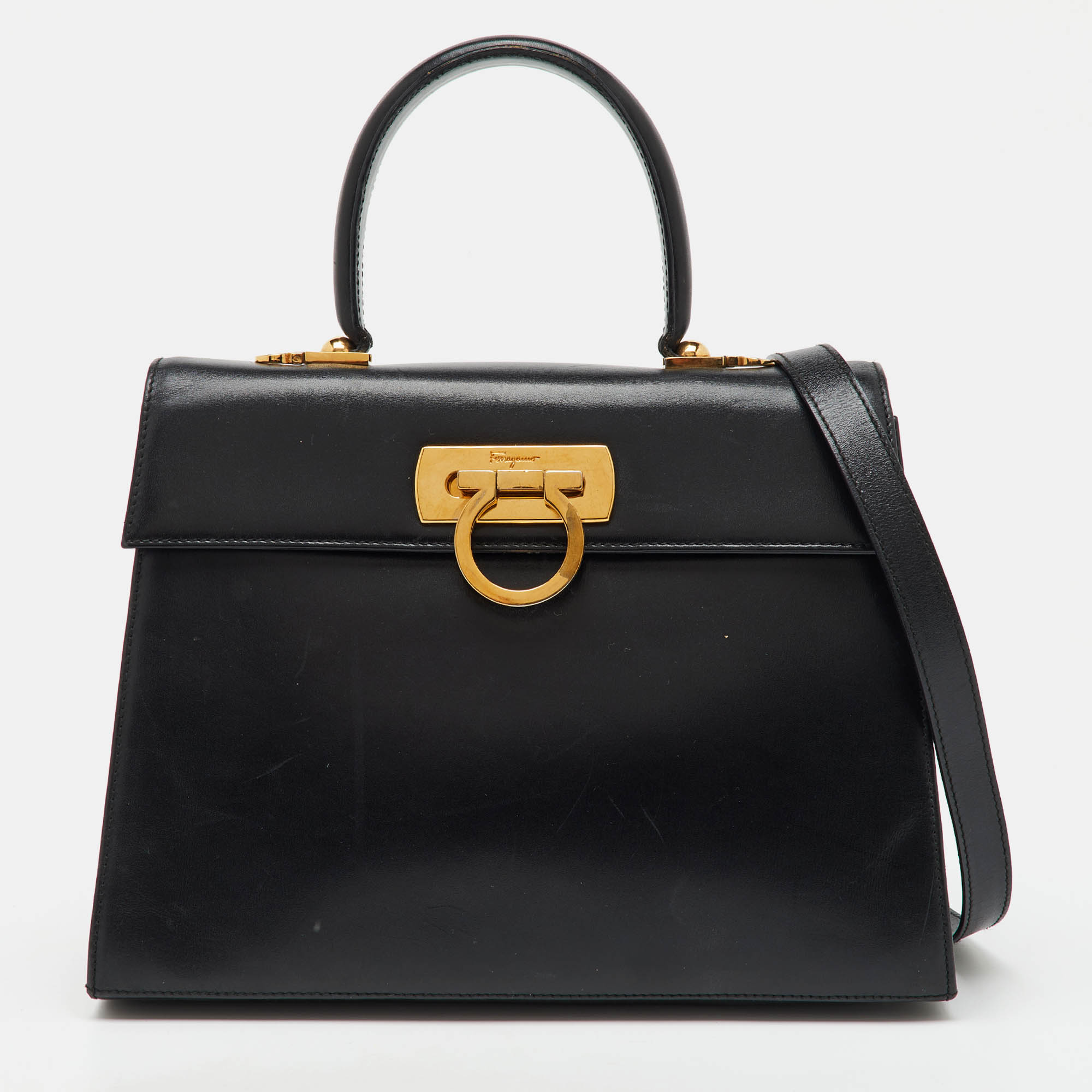 

Salvatore Ferragamo Black Leather Iconic Gancini Flap Top Handle Bag