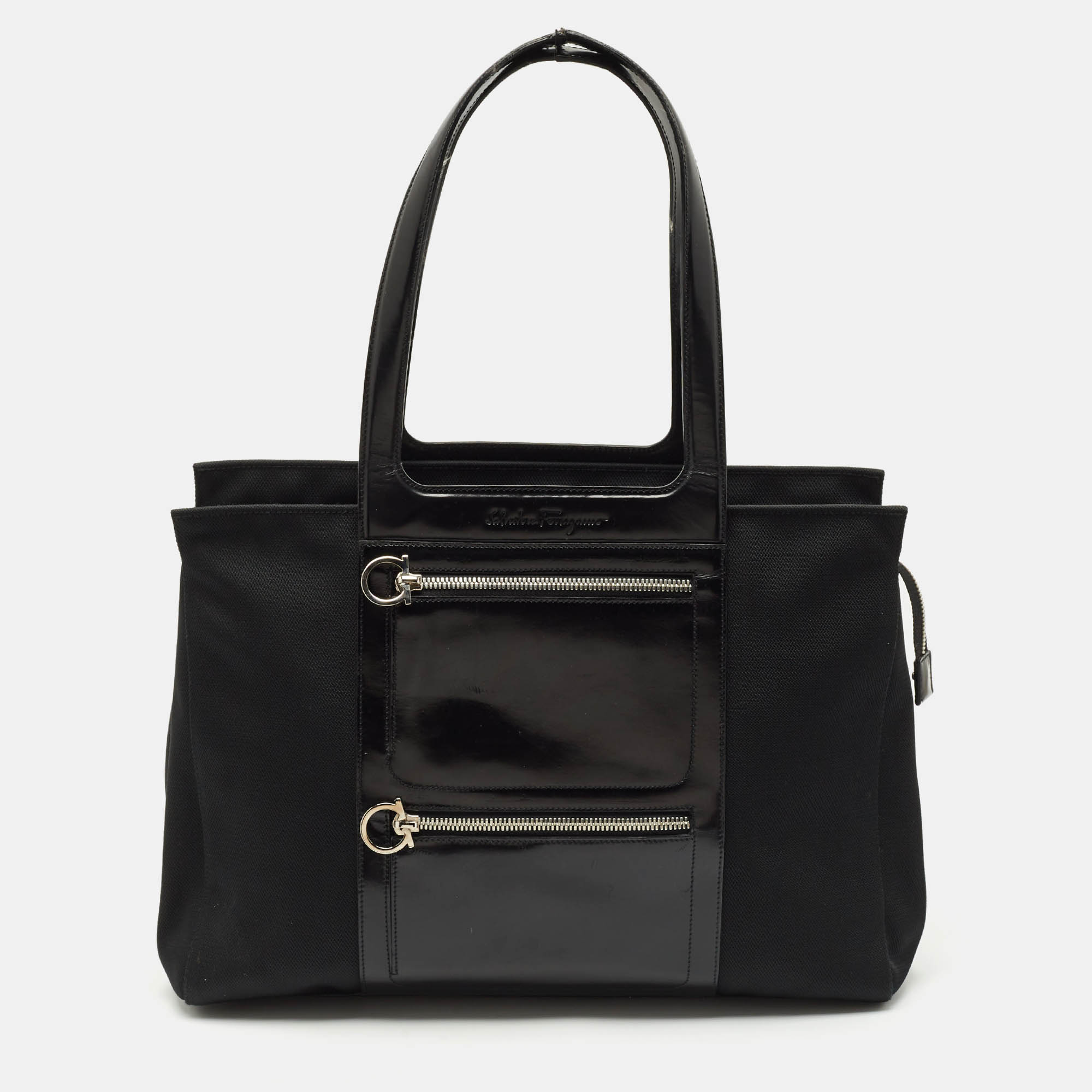 

Salvatore Ferragamo Black Leather and Nylon Ganici Pocket Tote