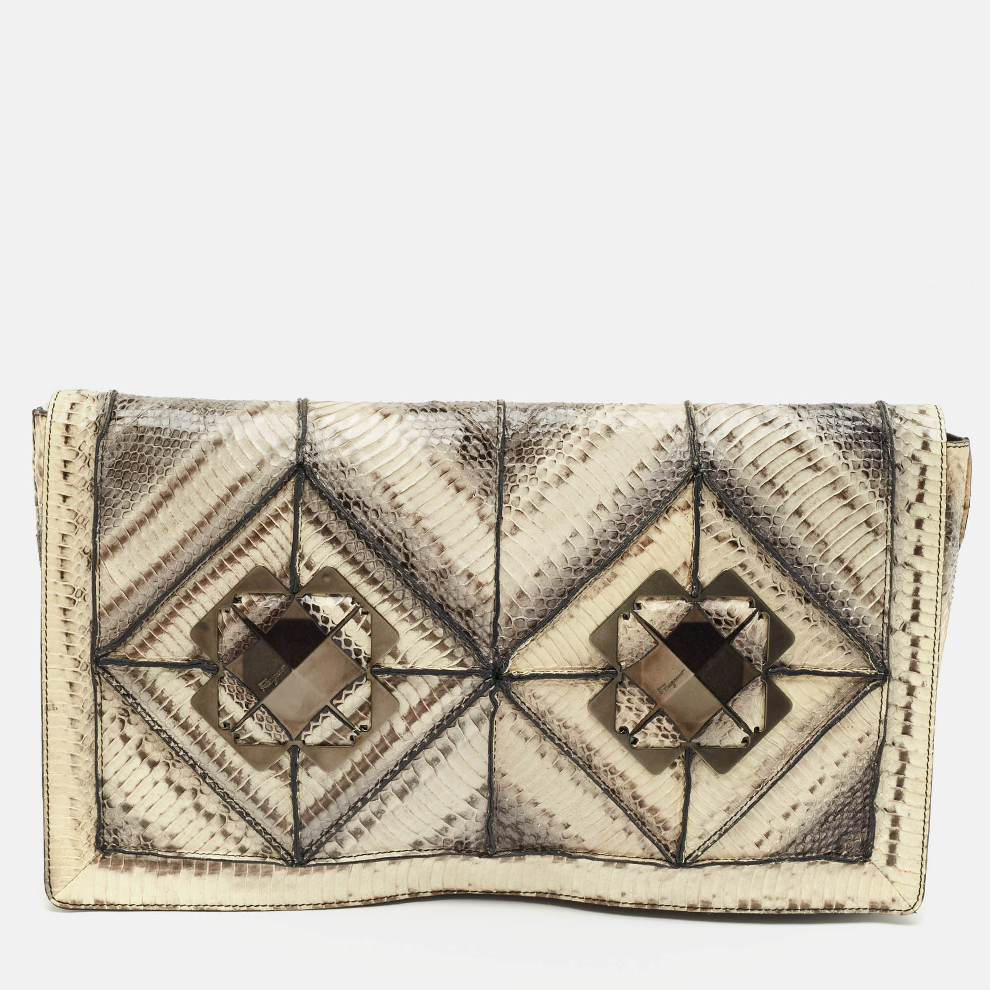 

Salvatore Ferragamo Grey Snakeskin Flap Clutch