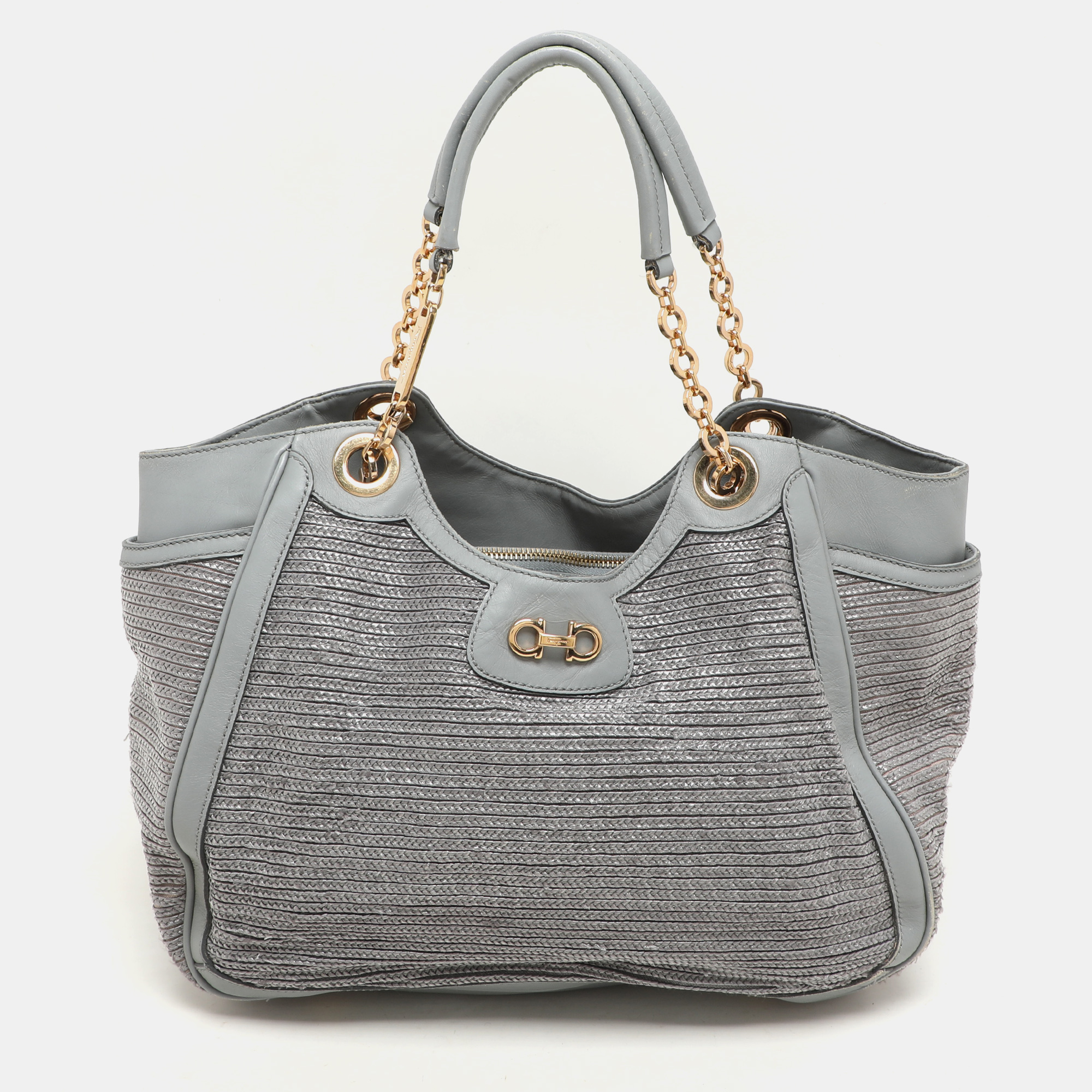 

Salvatore Ferragamo Grey Leather and Raffia Betulla Tote