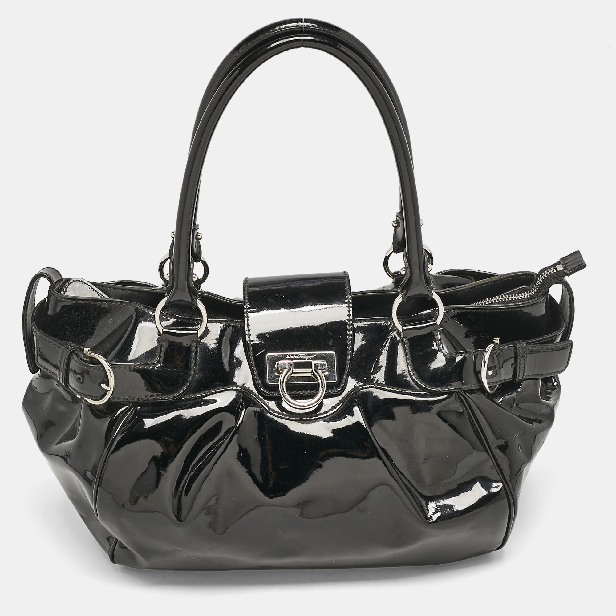 

Salvatore Ferragamo Black Patent Leather Marisa Satchel
