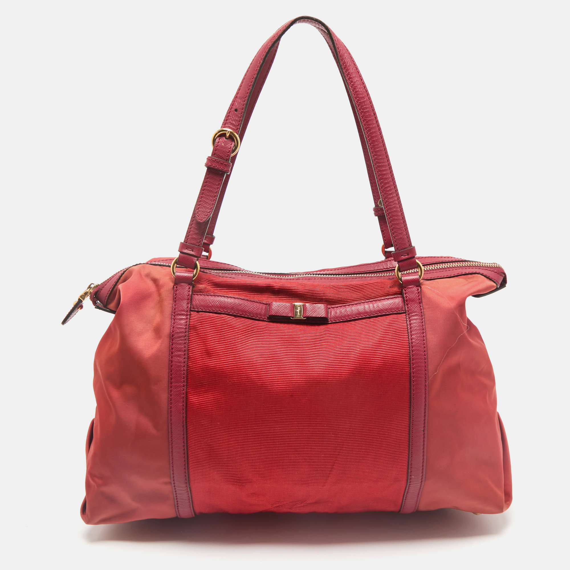 

Salvatore Ferragamo Red/Orange Leather and Nylon Vara Bow Tote