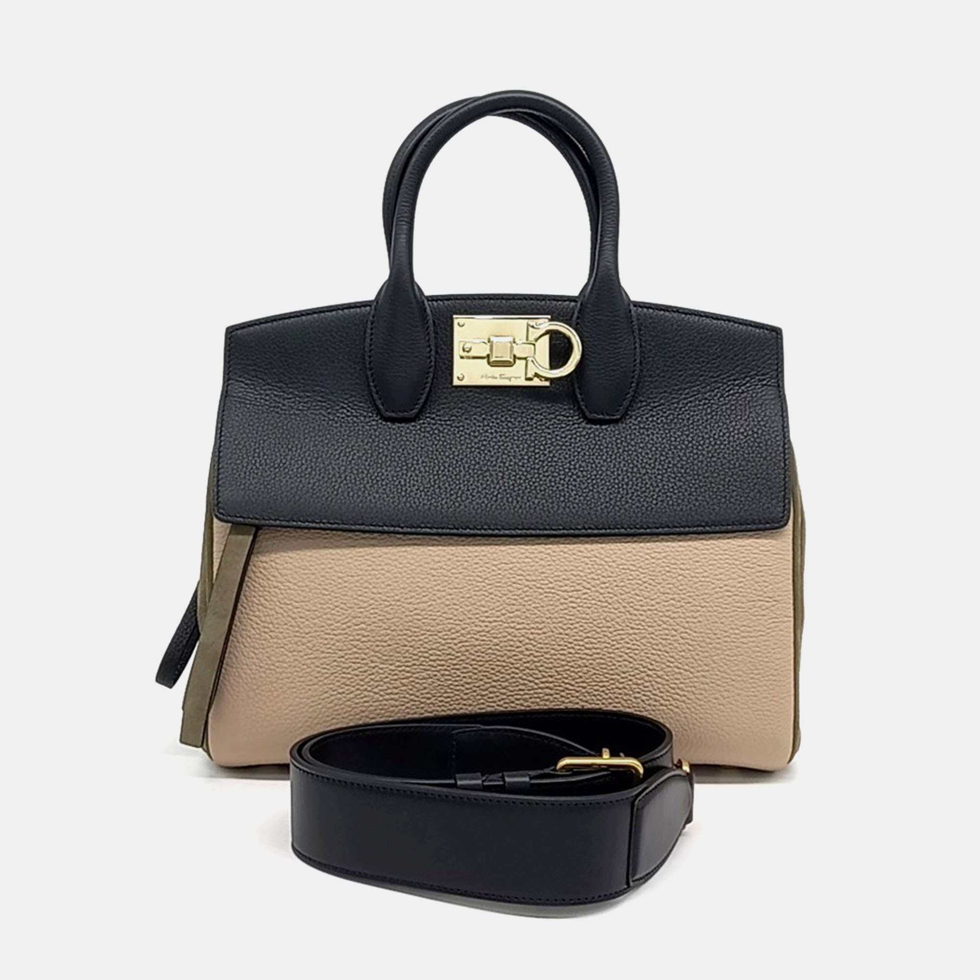 

Salvatore Ferragamo Beige Black Leather Studio Small Bag