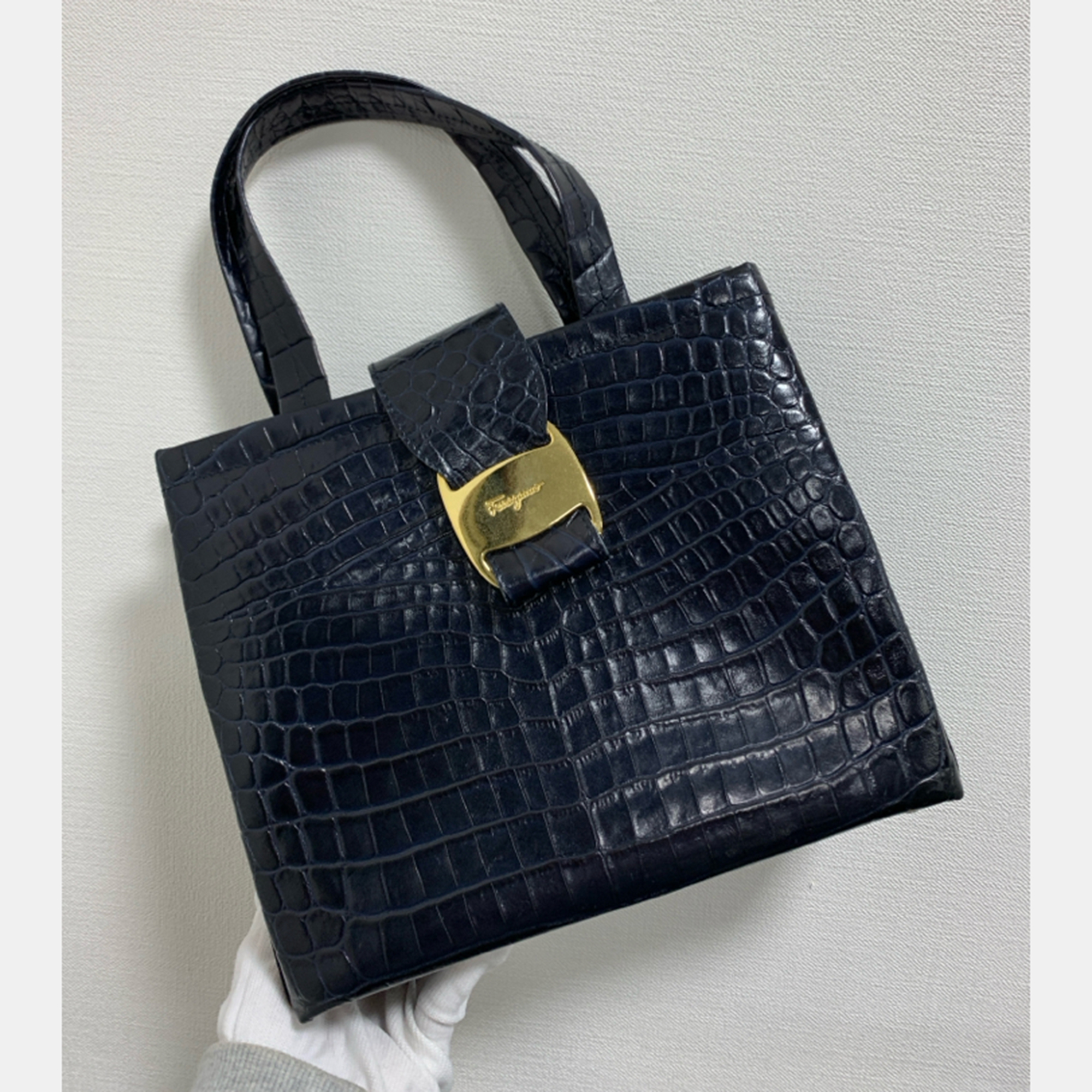 

Salvatore Ferragamo Navy Blue Crocodile Embossed Handbag