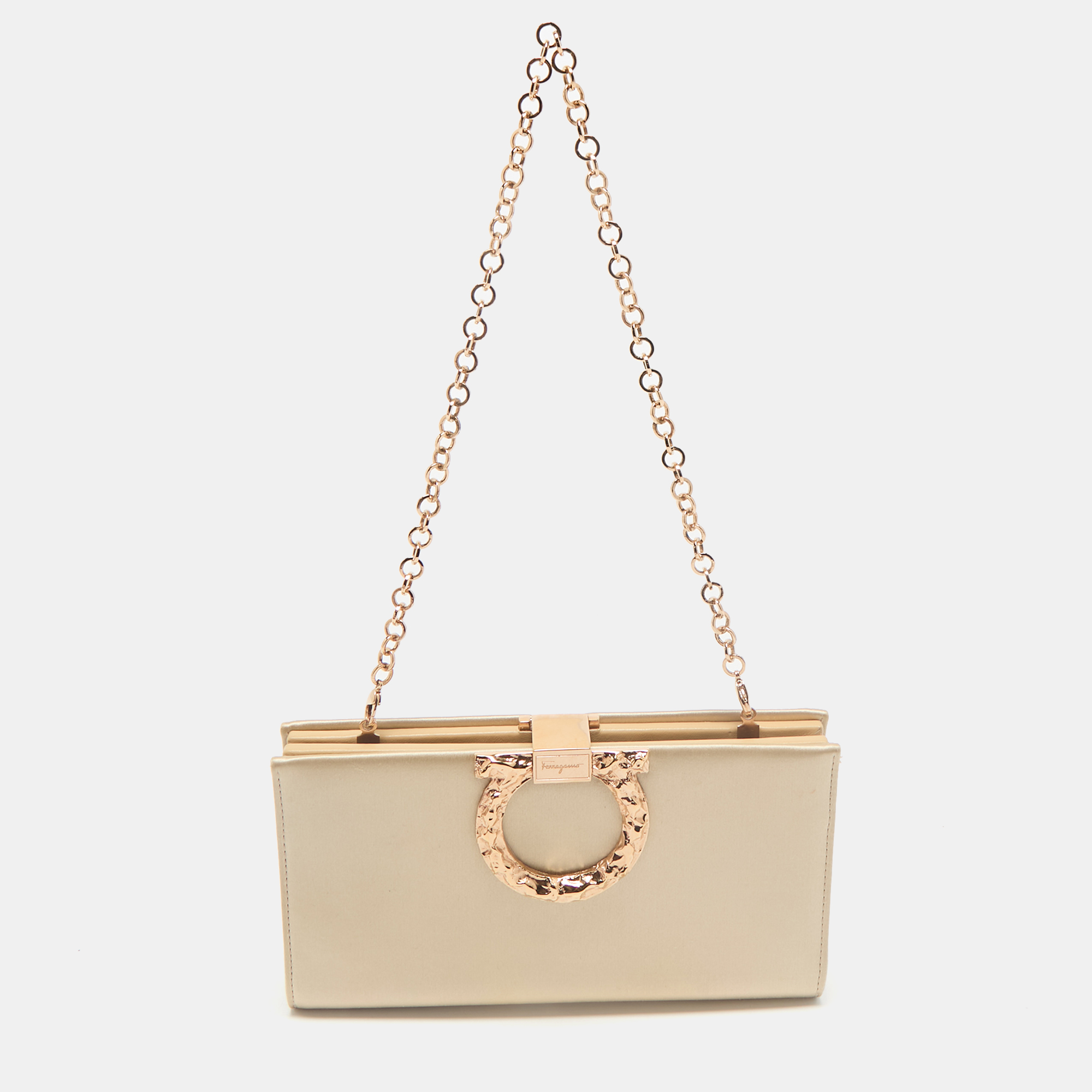 

Salvatore Ferragamo Beige Satin Gancini Chain Clutch