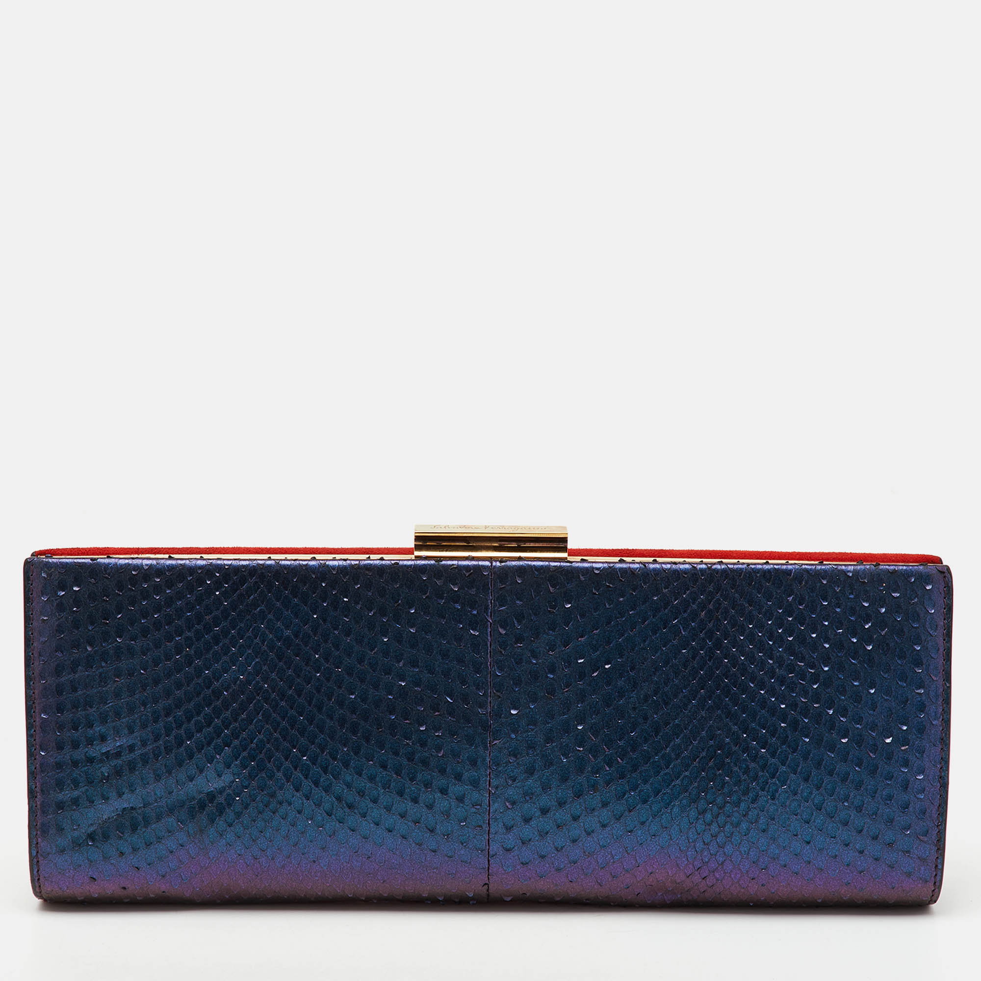 

Salvatore Ferragamo Red/Iridescent Blue Suede and Python Leather Clutch