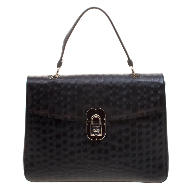 Pre Owned Salvatore Ferragamo Black Embossed Leather Top Handle Bag