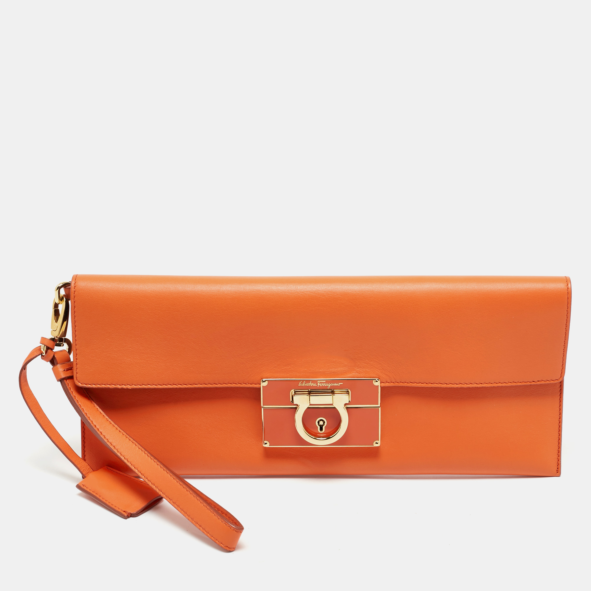 

Salvatore Ferragamo Orange Leather Afef Lock Story Wristlet Clutch
