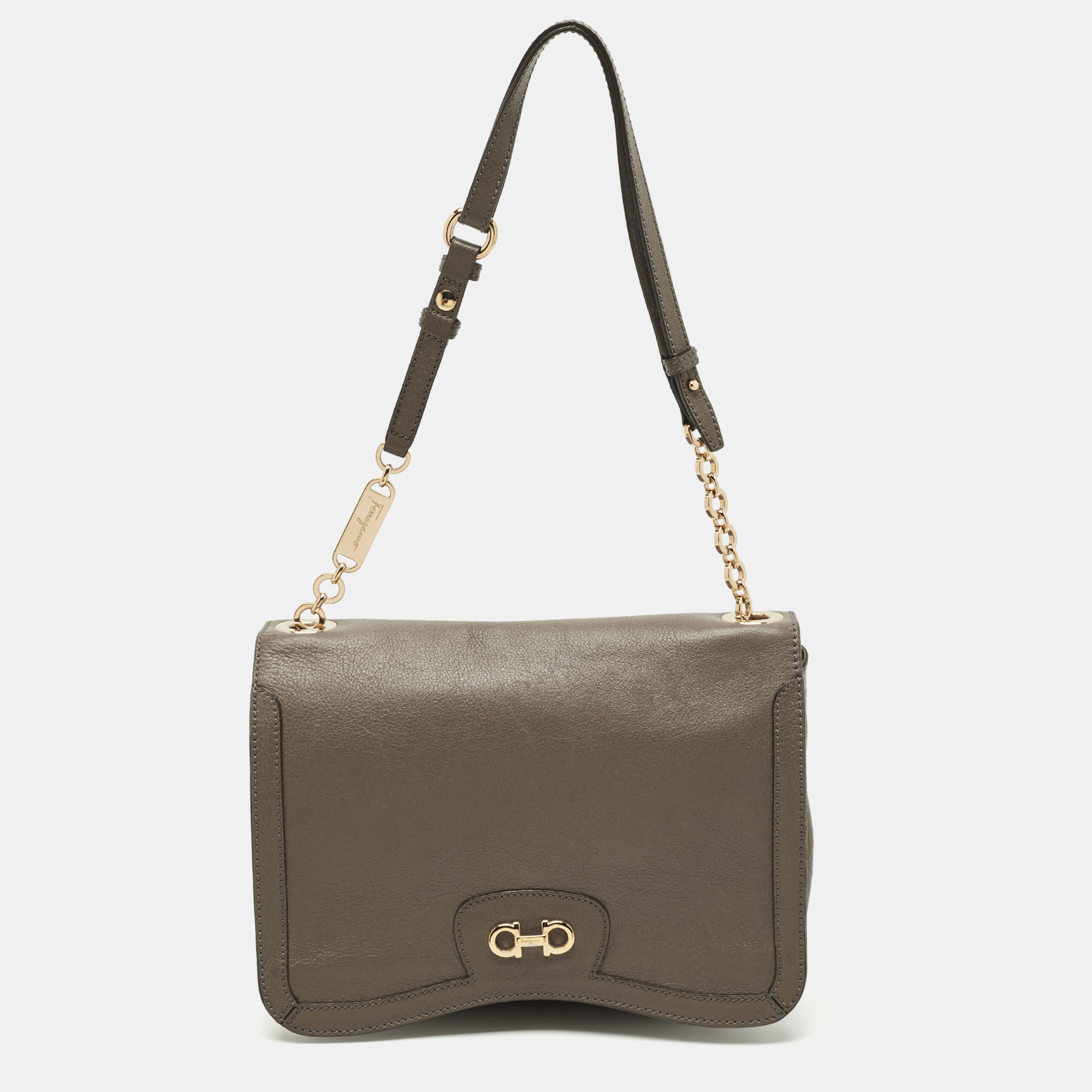 

Salvatore Ferragamo Dark Beige Leather Gancini Flap Shoulder Bag
