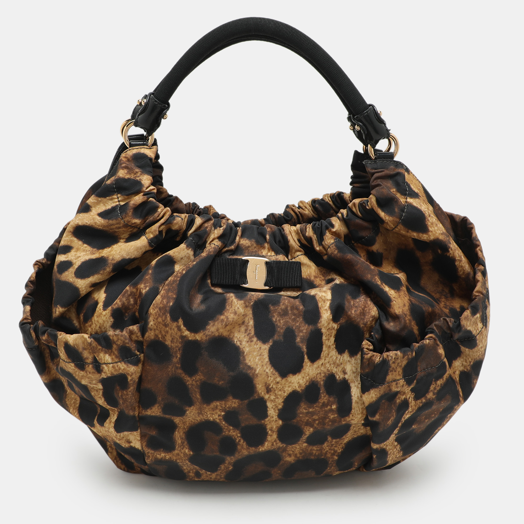 

Salvatore Ferragamo Brown Leopard Print Nylon Vara Bow Hobo