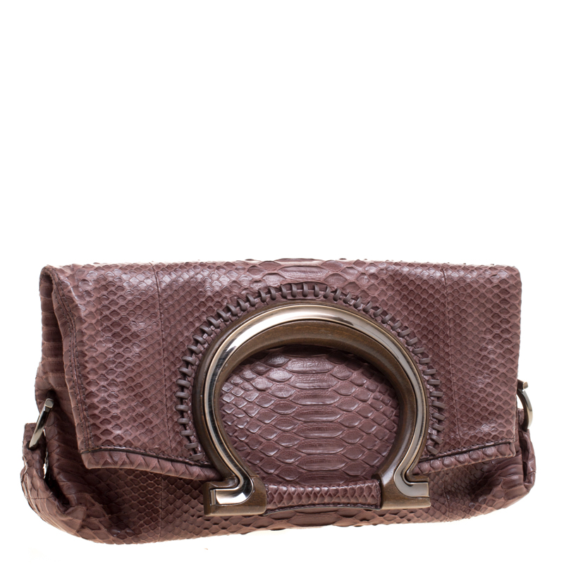 Pre-owned Salvatore Ferragamo Dark Beige Python Foldover Clutch