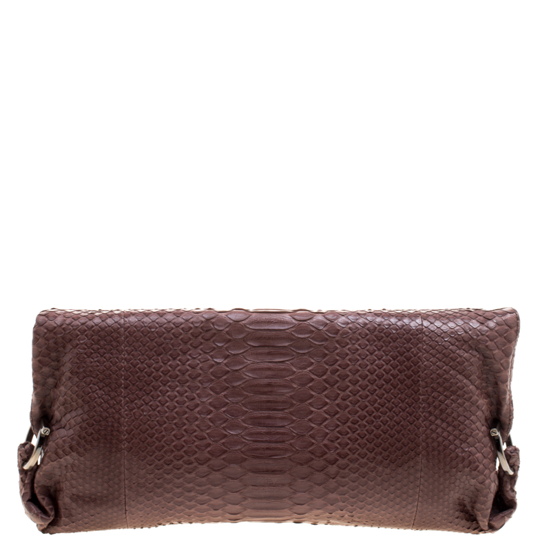 Pre-owned Salvatore Ferragamo Dark Beige Python Foldover Clutch