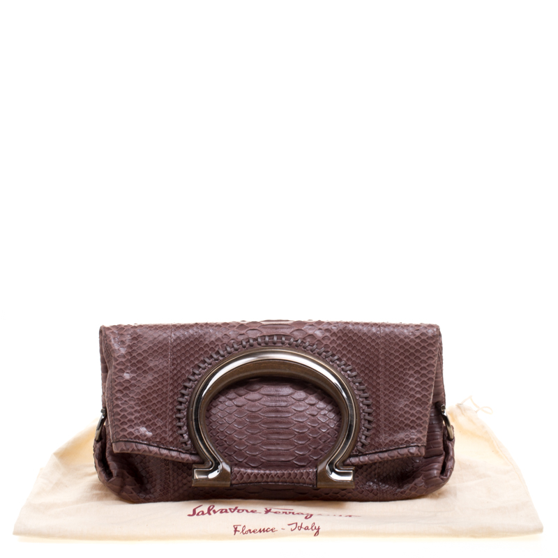 Pre-owned Salvatore Ferragamo Dark Beige Python Foldover Clutch