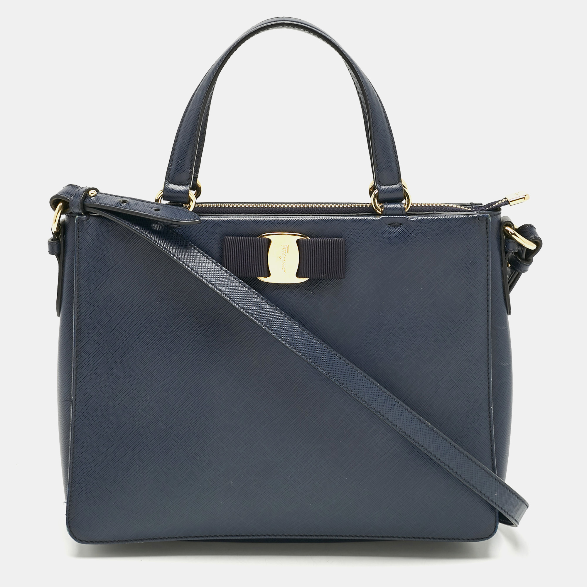 

Salvatore Ferragamo Navy Blue Leather Vara Bow Tote