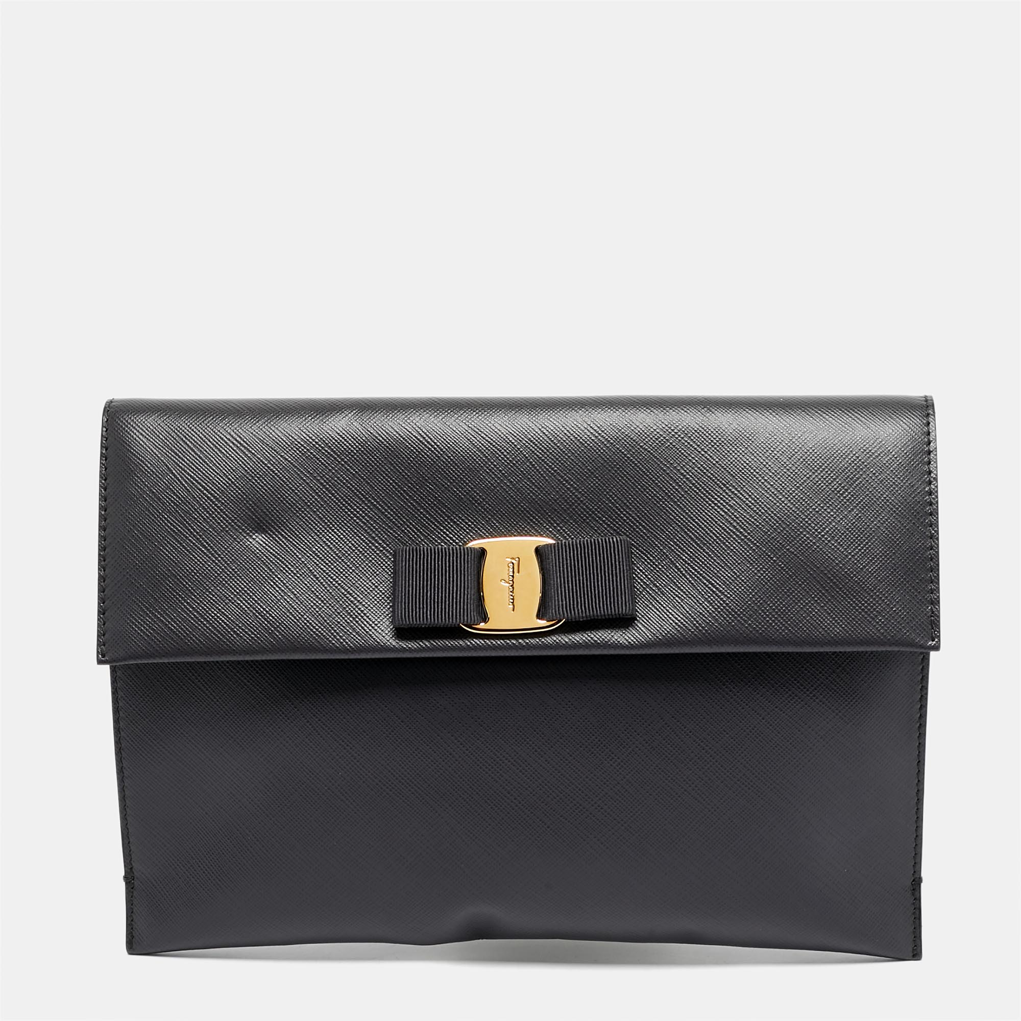 Salvatore Ferragamo Grey Leather Vara Bow Flat Clutch